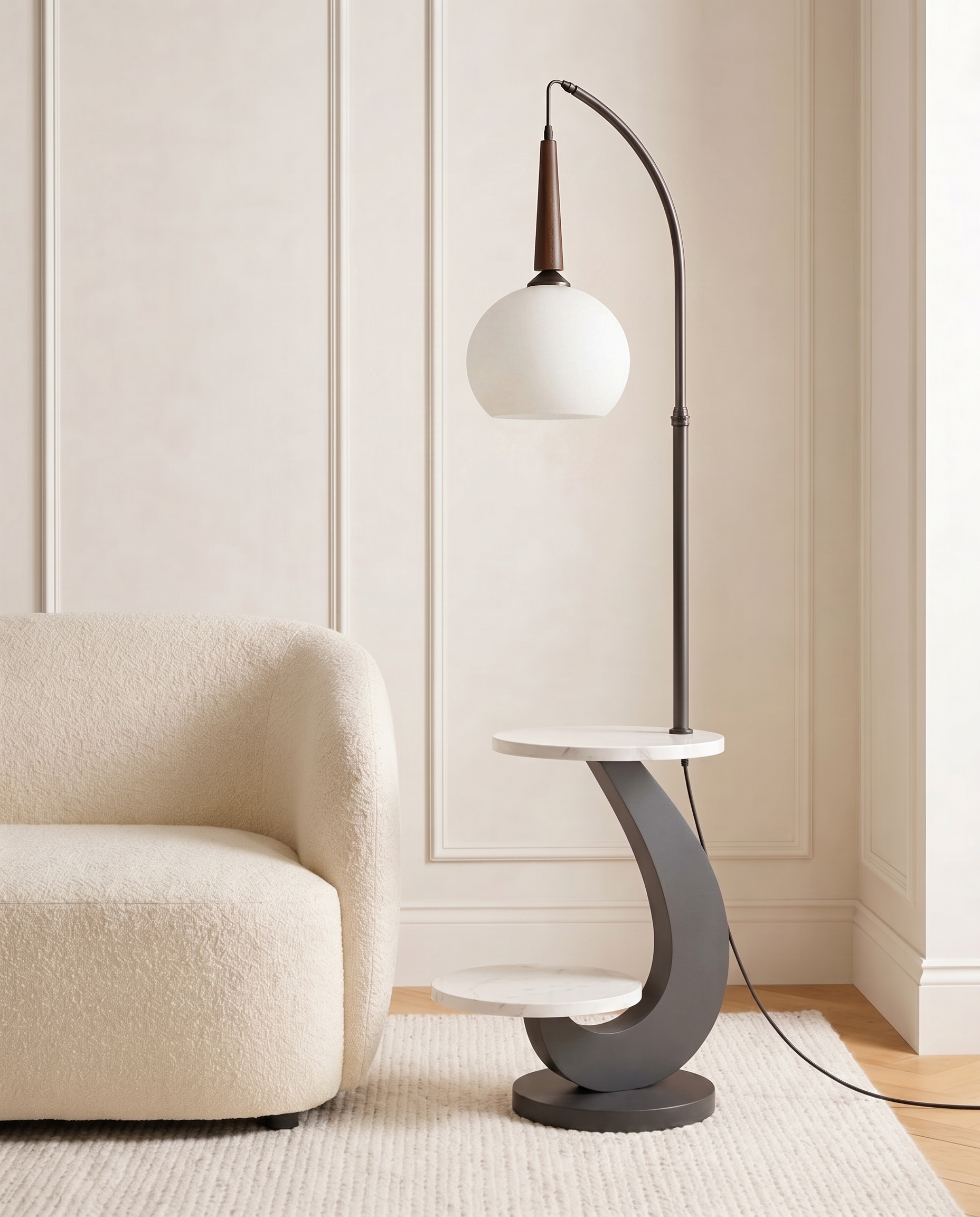 Black floor lamp with marble tabletop