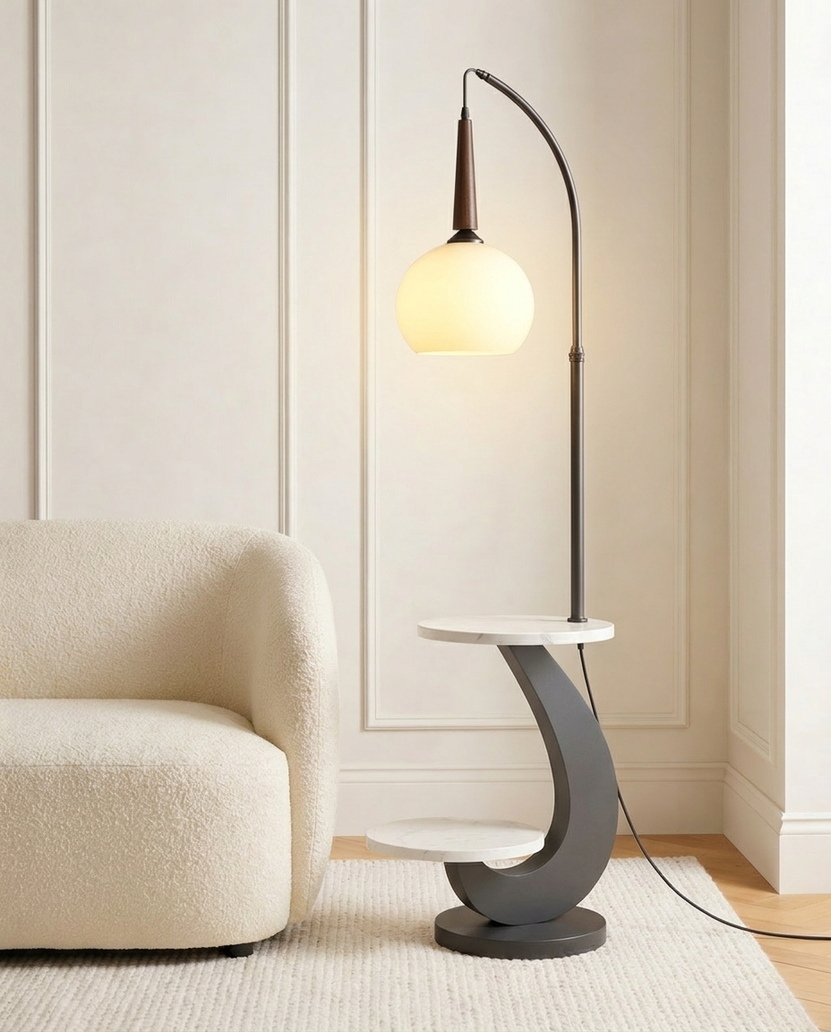 Black floor lamp with marble table, detail