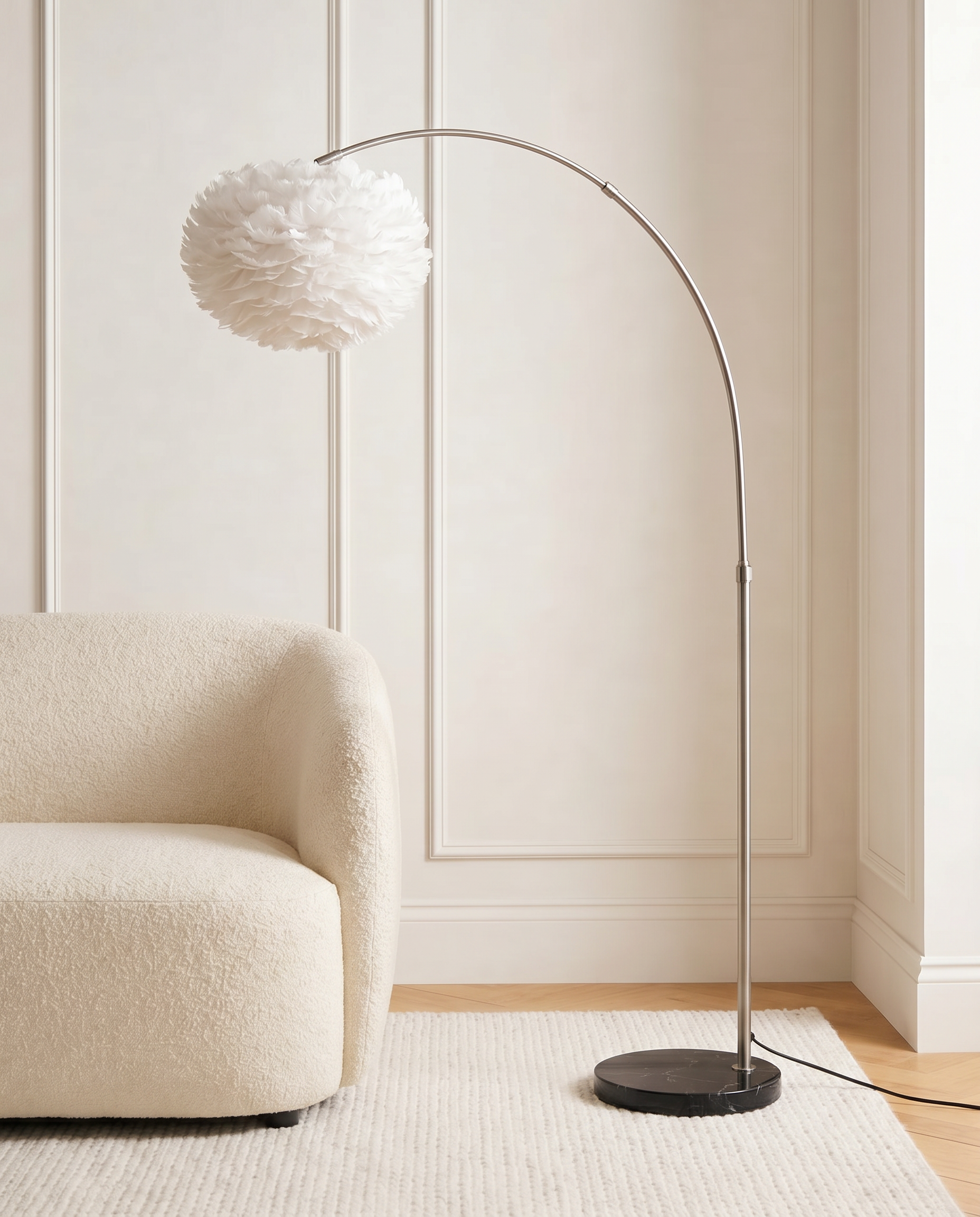Feather-trimmed arc floor lamp with black frame