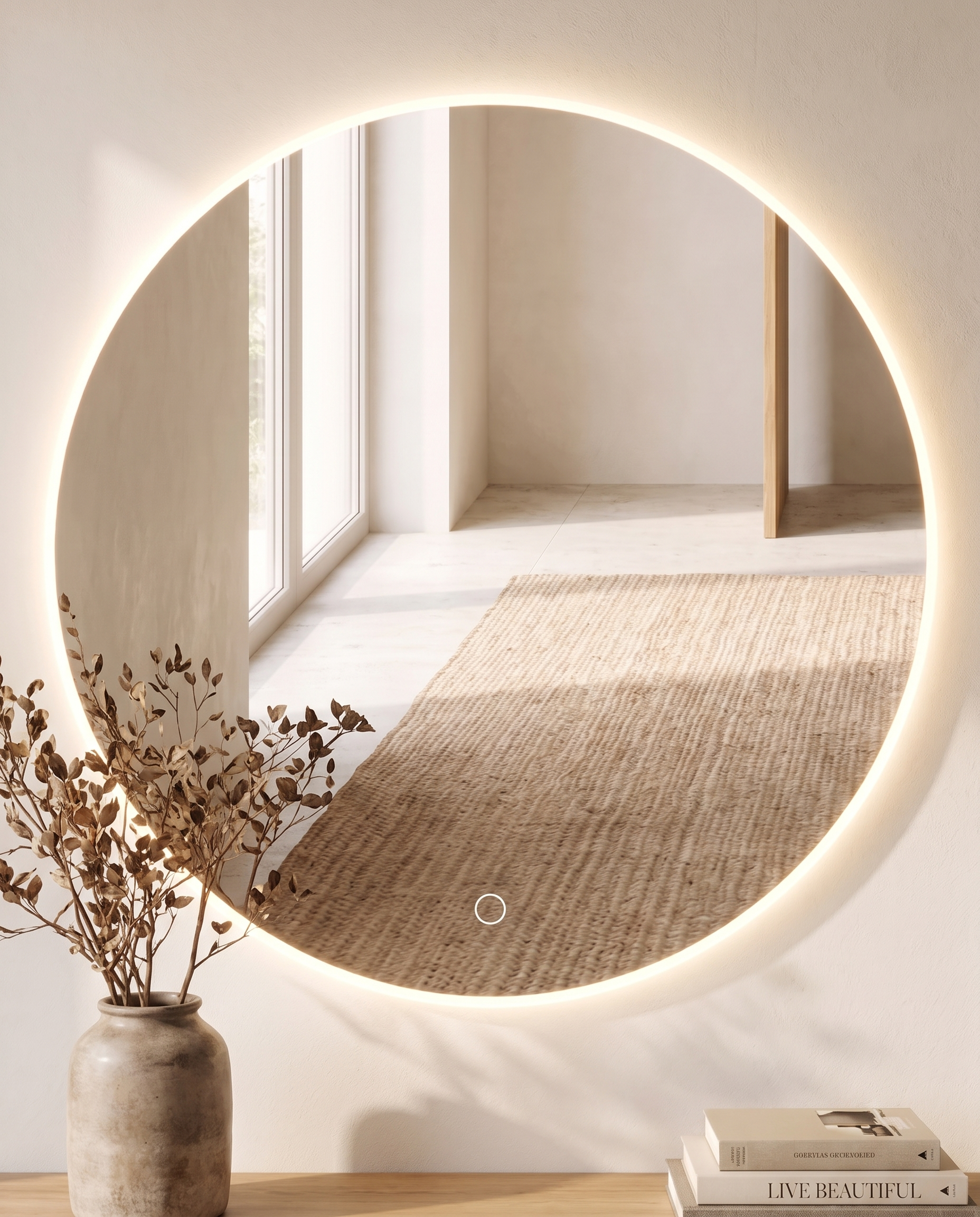 Halo frameless round backlit wall mirror in a Dubai bathroom