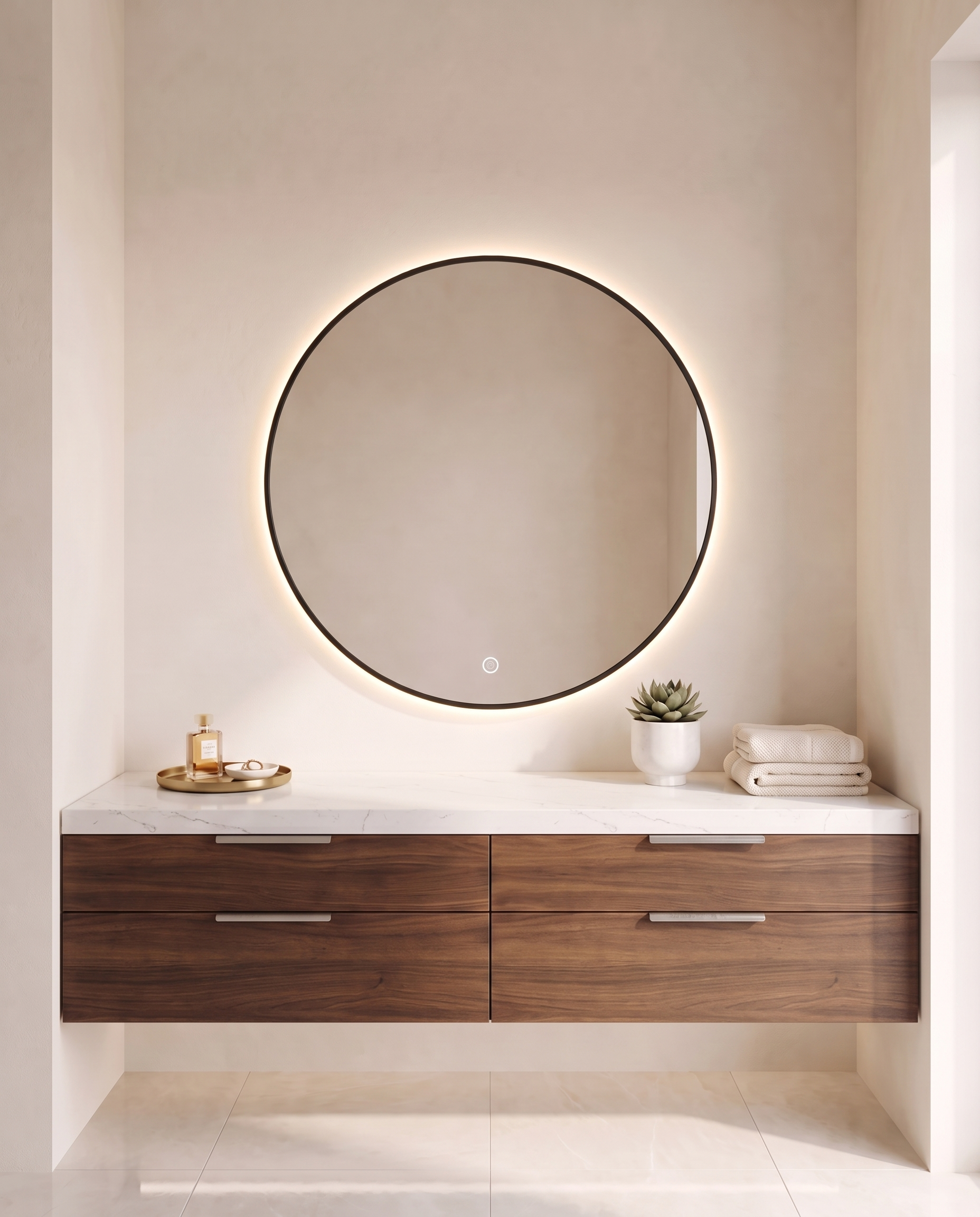 Halo black round backlit wall mirror