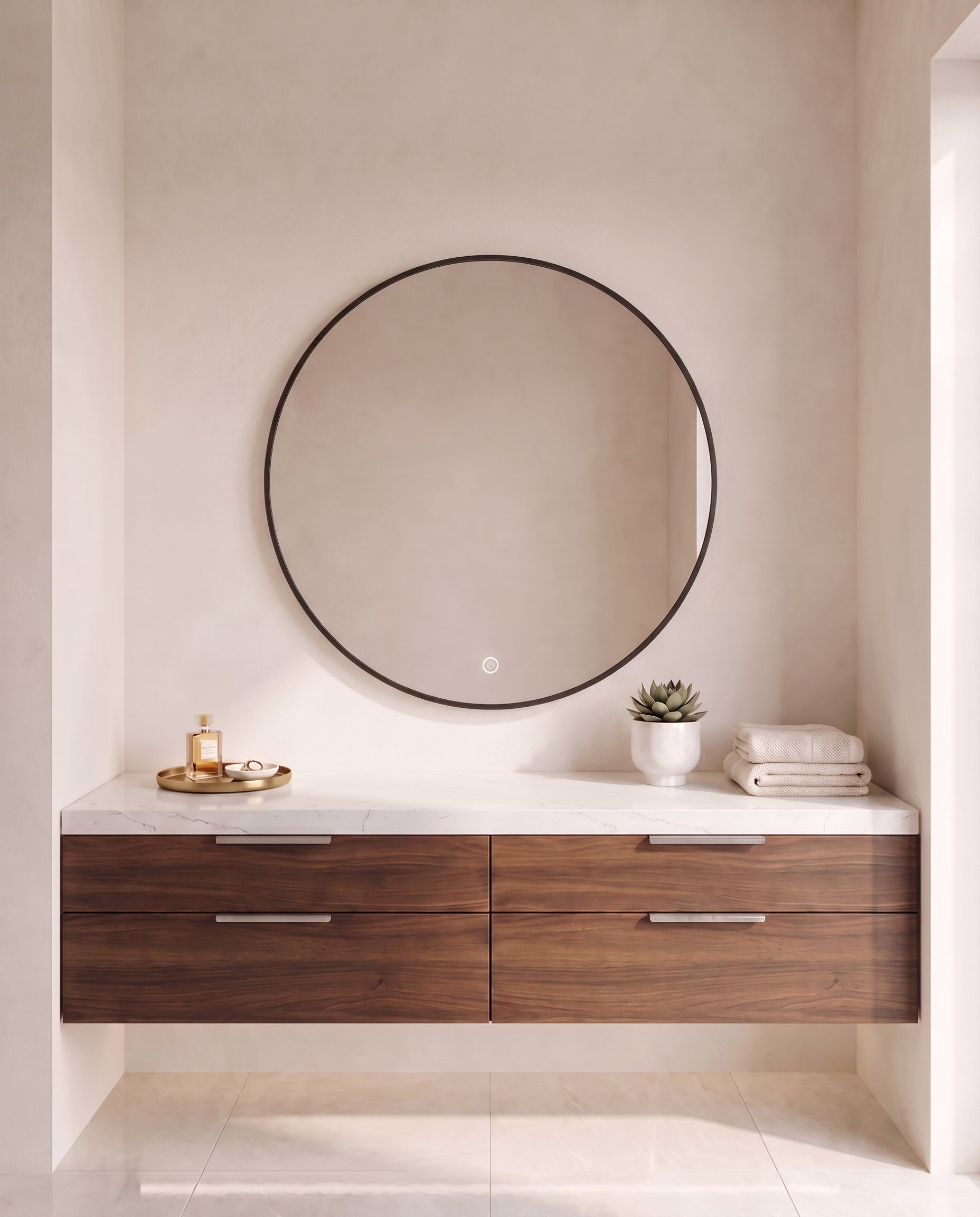 Halo black round backlit wall mirror, close-up of the backlit glow
