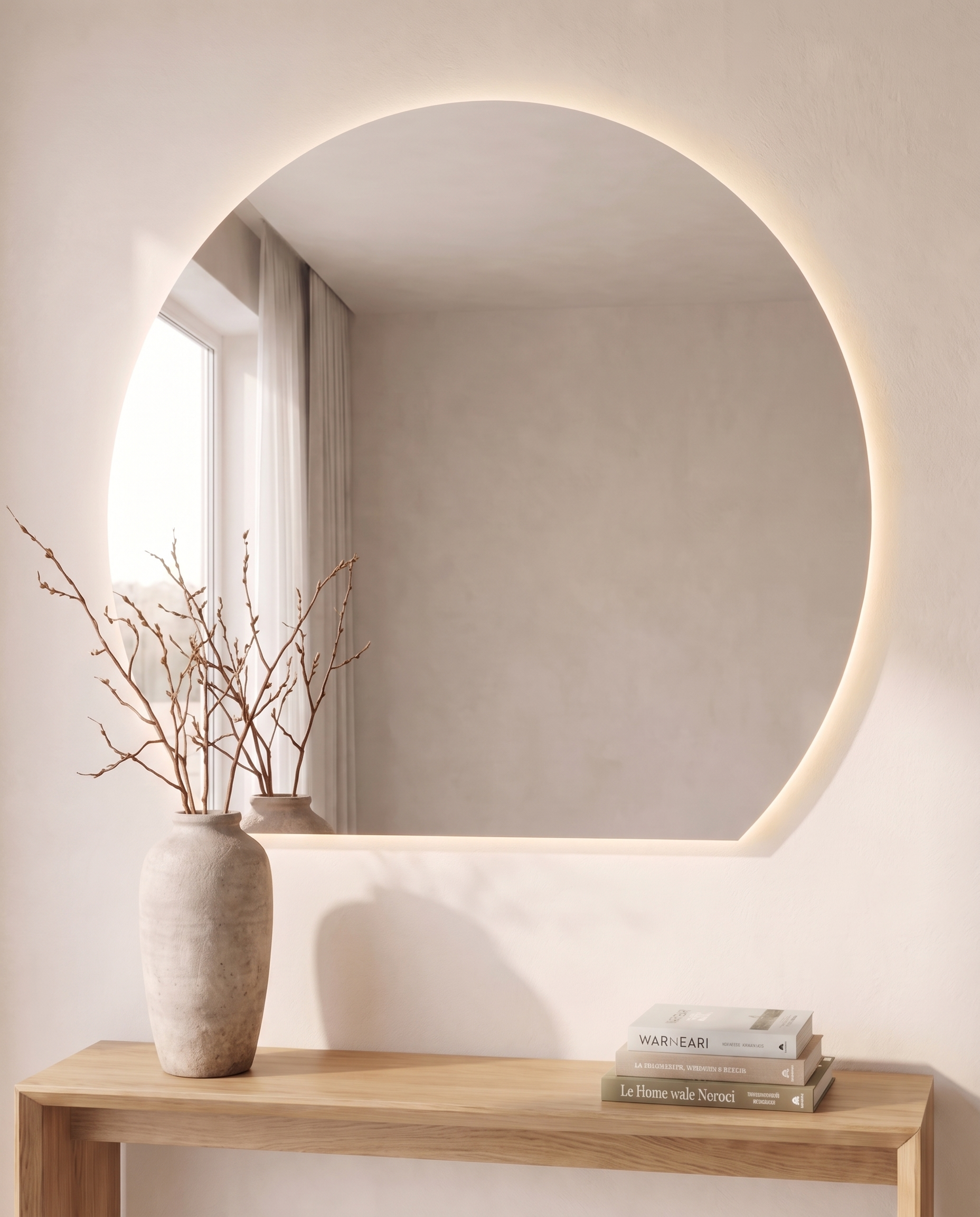 Luna frameless half-moon backlit mirror in a Dubai bathroom