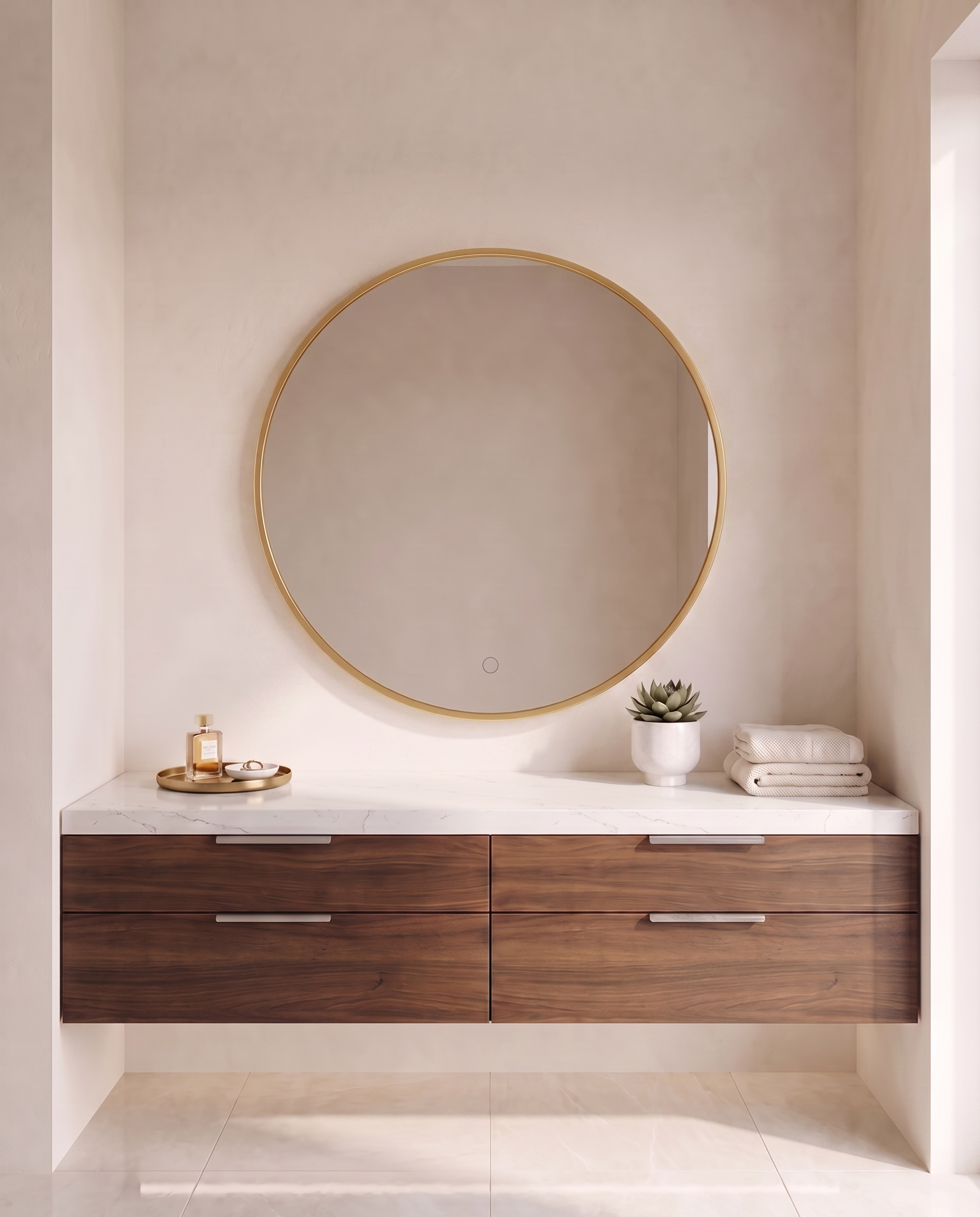 Halo gold round backlit wall mirror, close-up of the backlit glow