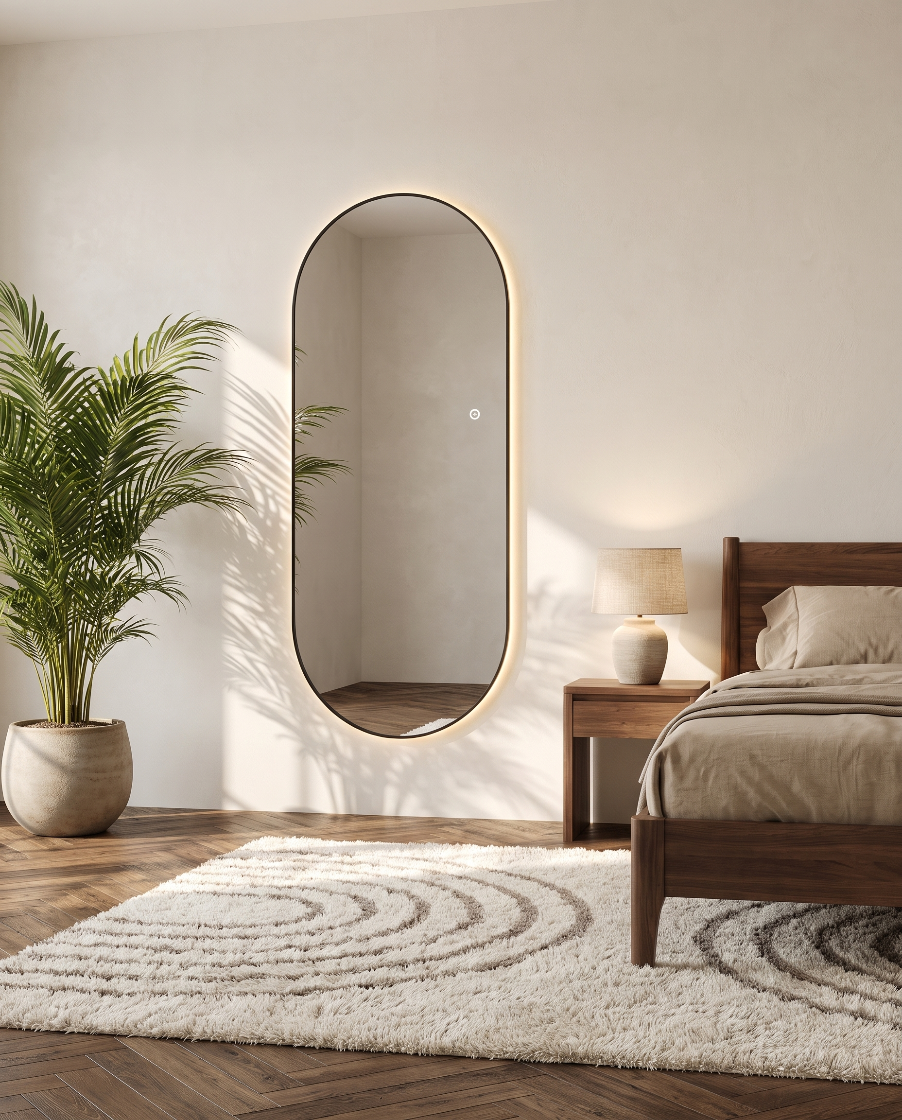 Elara black backlit oval wall mirror, side view