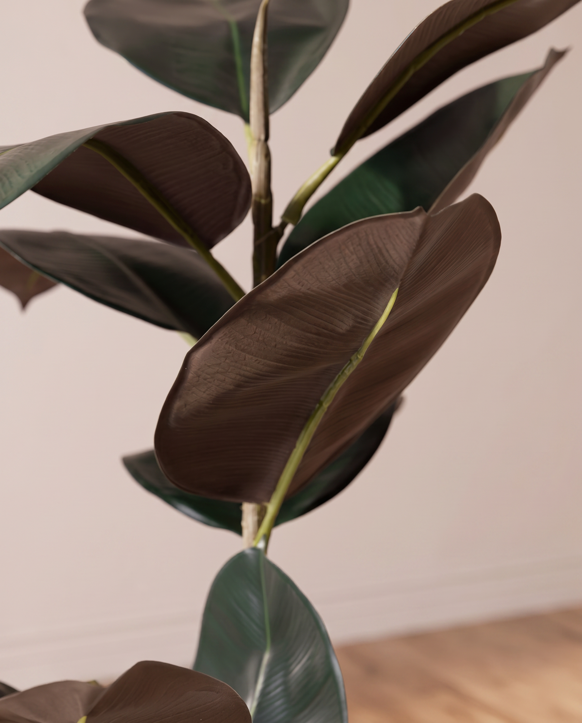 Artificial Faux Ficus Tree – burgundy rubber-plant leaf detail