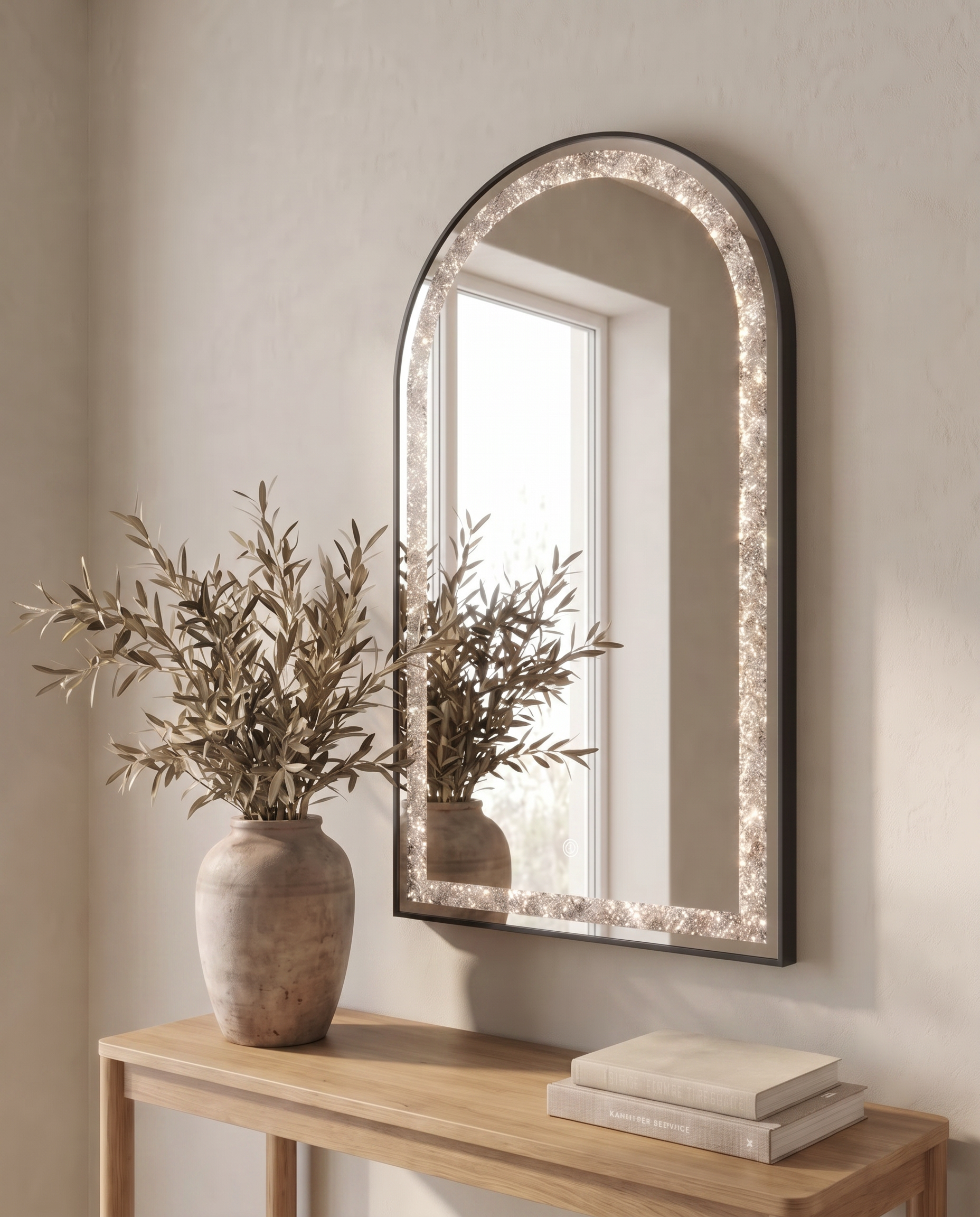Celine black arch LED mirror with crystal inlay in a Dubai bathroom
