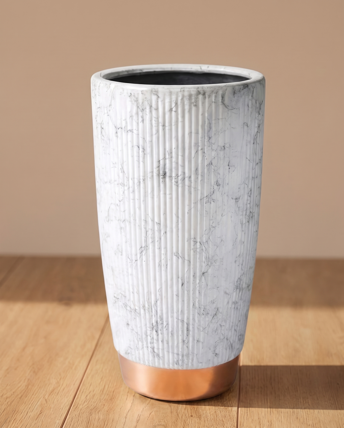 Ribbed Texture Marble Finish Ceramic Pot with Golden Base II – tall planter, main view