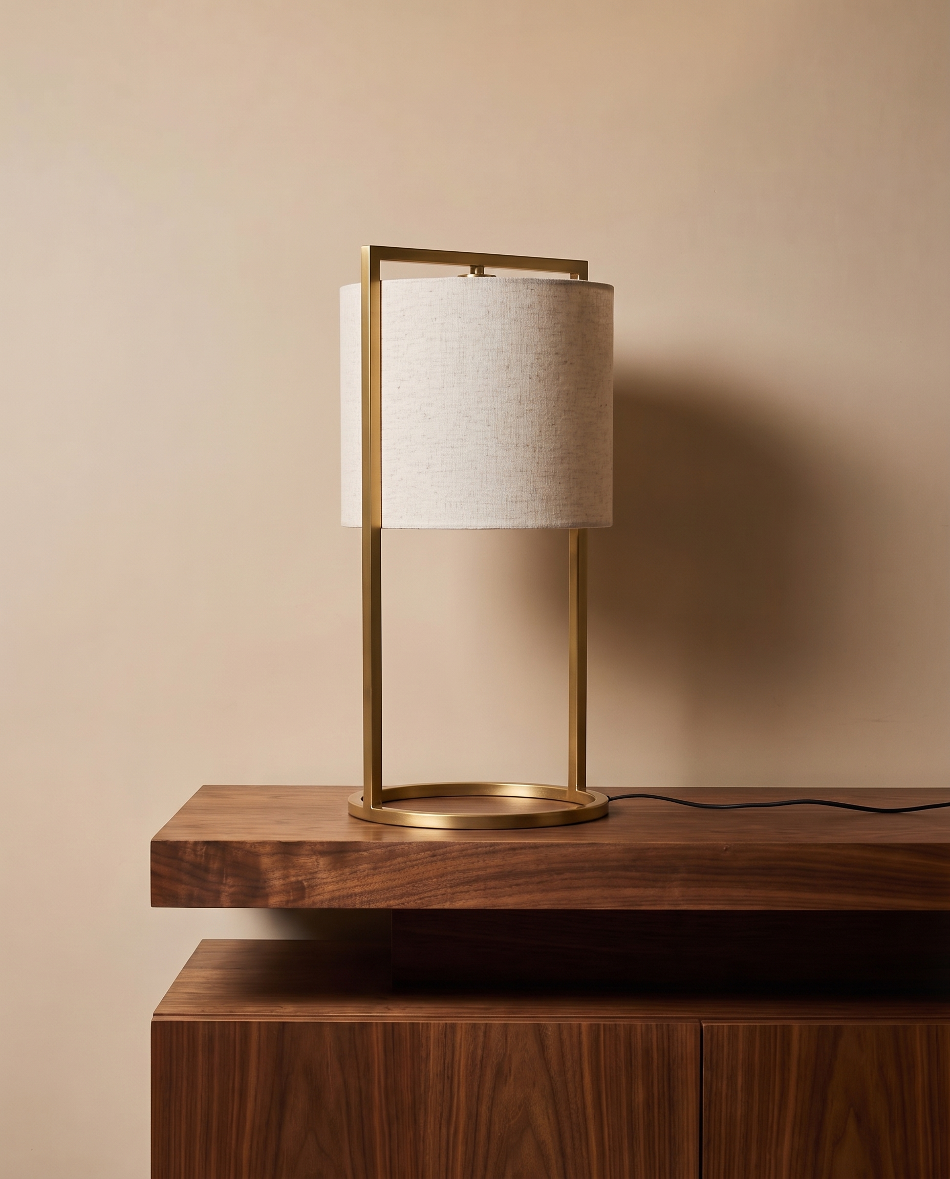 Large gold table lamp with broad off-white shade