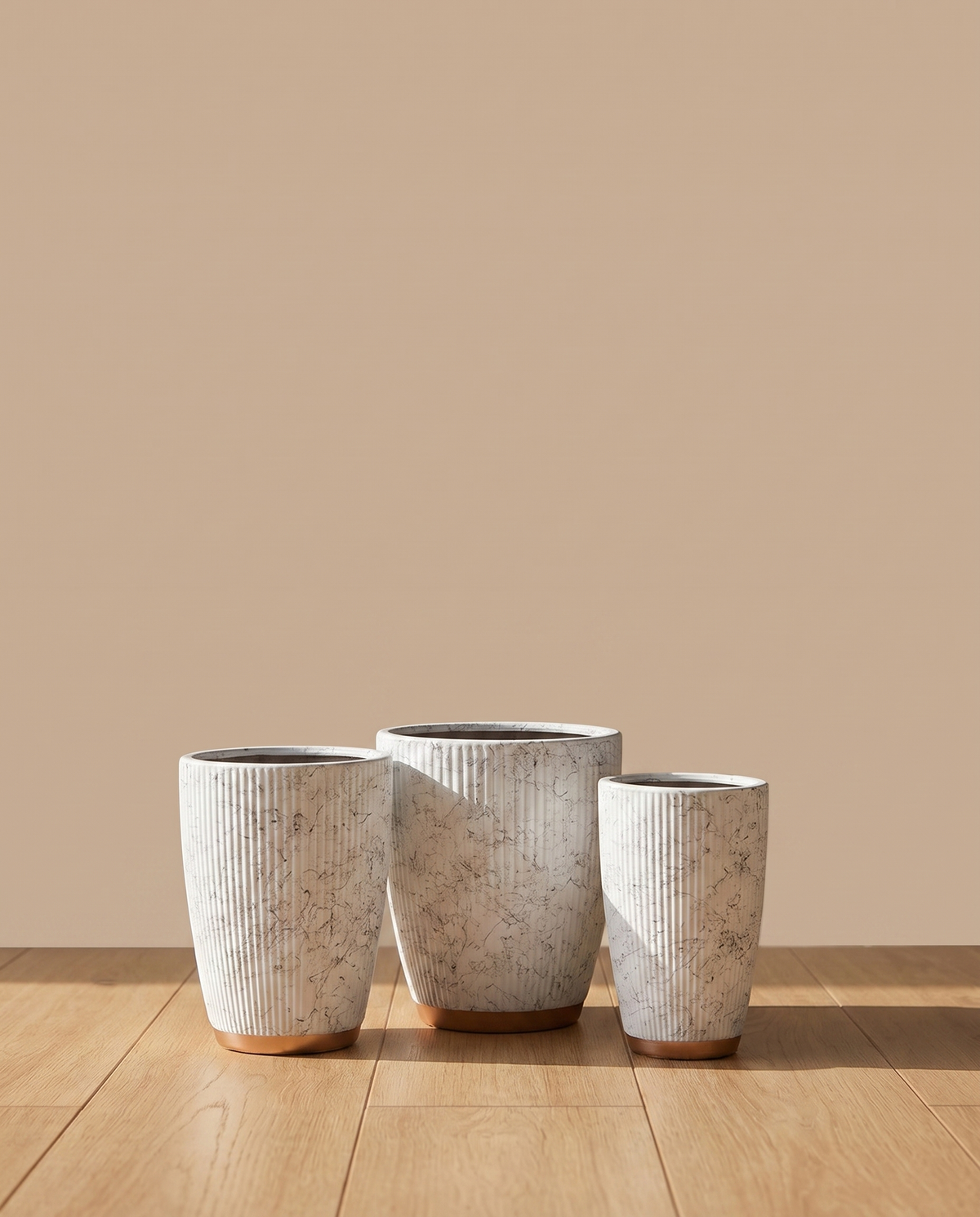 Ribbed Texture Marble Finish Ceramic Pot with Golden Base – three sizes together