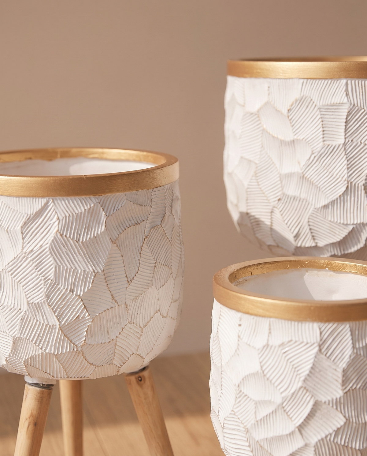 White Textured & Gold Rim Fiber Planters with Wooden Legs – alternate view
