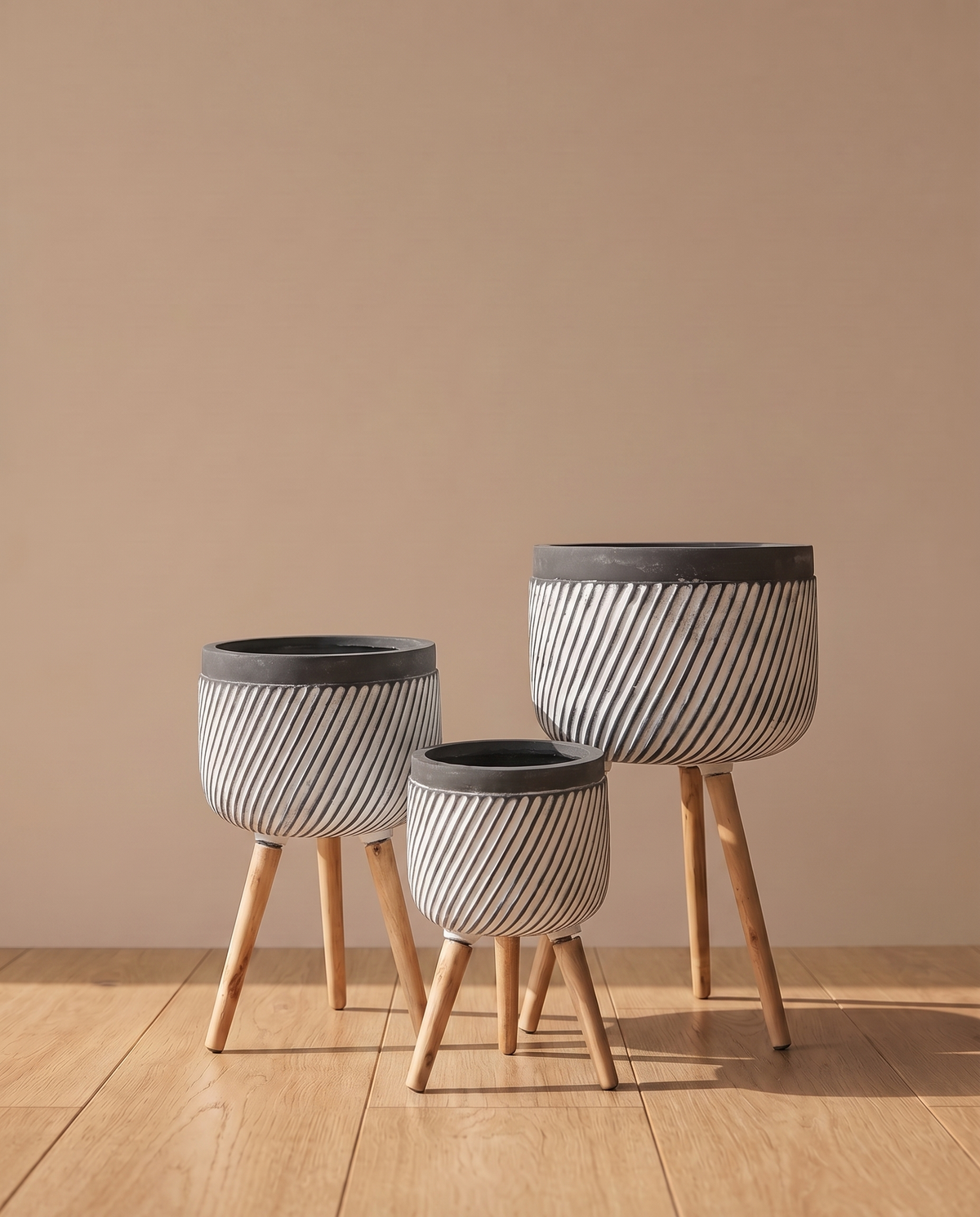 Black & White Striped Fiber Planters with Wooden Legs – set of 3