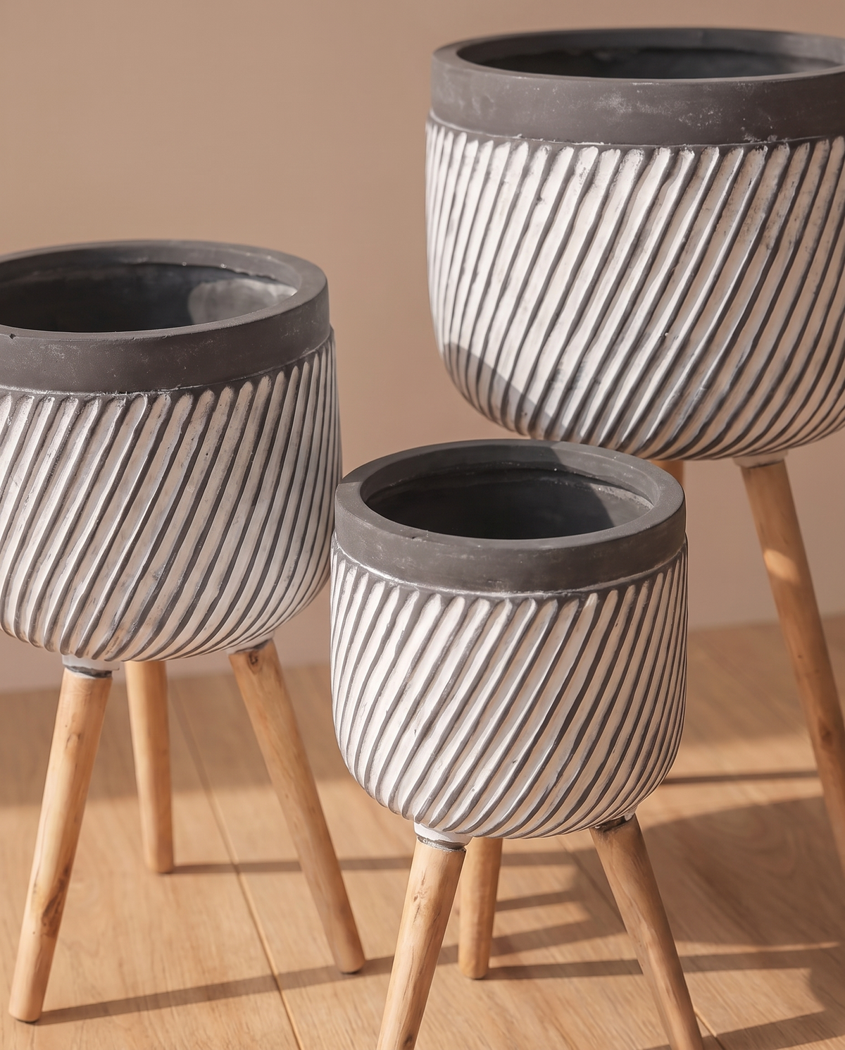 Black & White Striped Fiber Planters with Wooden Legs – alternate view