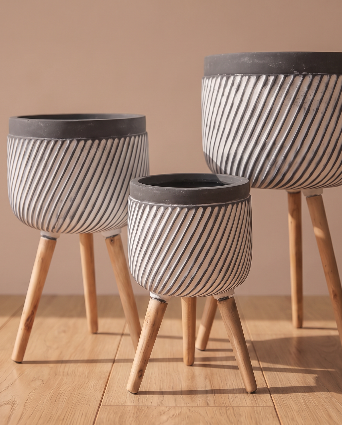 Black & White Striped Fiber Planters with Wooden Legs – detail view