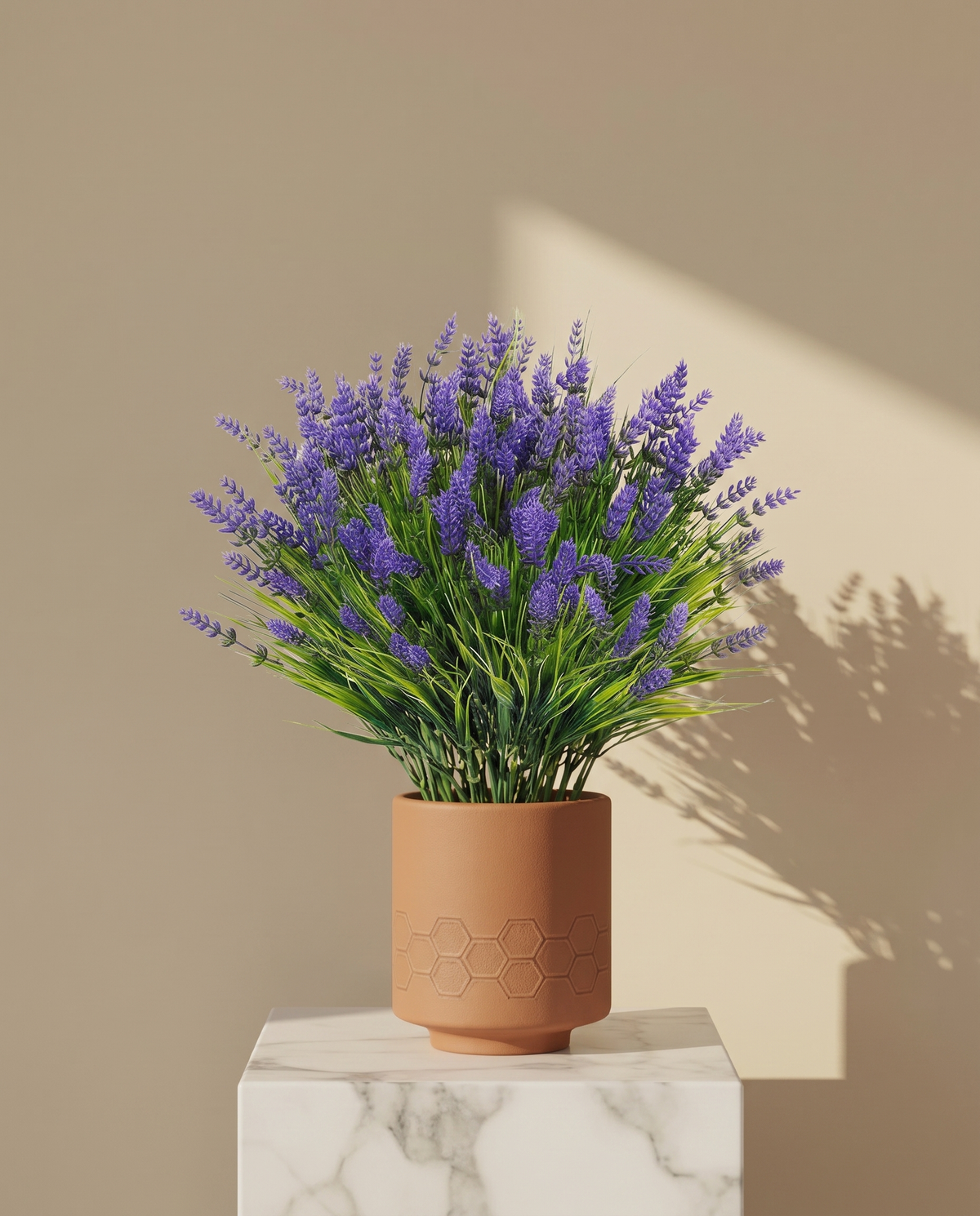 Lavender Artificial Plant with Grass – full view on a marble plinth