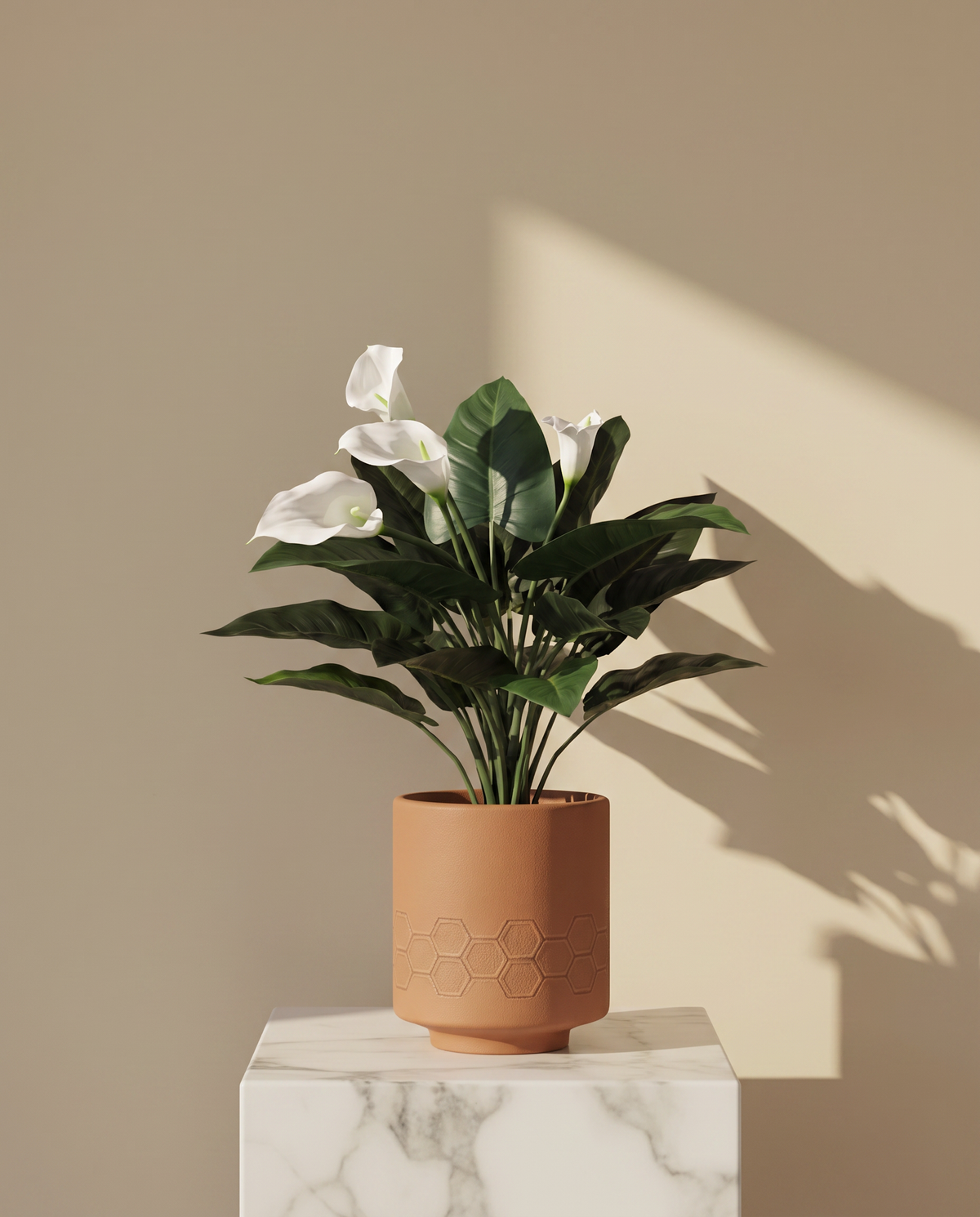 White Calla Lily Artificial Plant – full view on a marble plinth