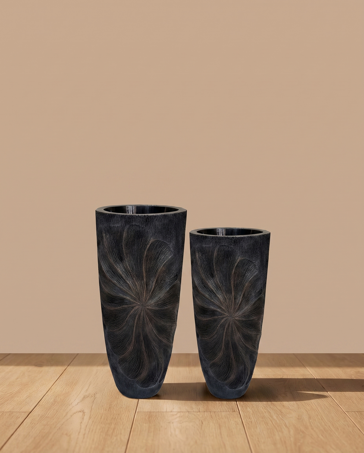 Black Metallic Fiber Sculpted Planter – two tall sizes together