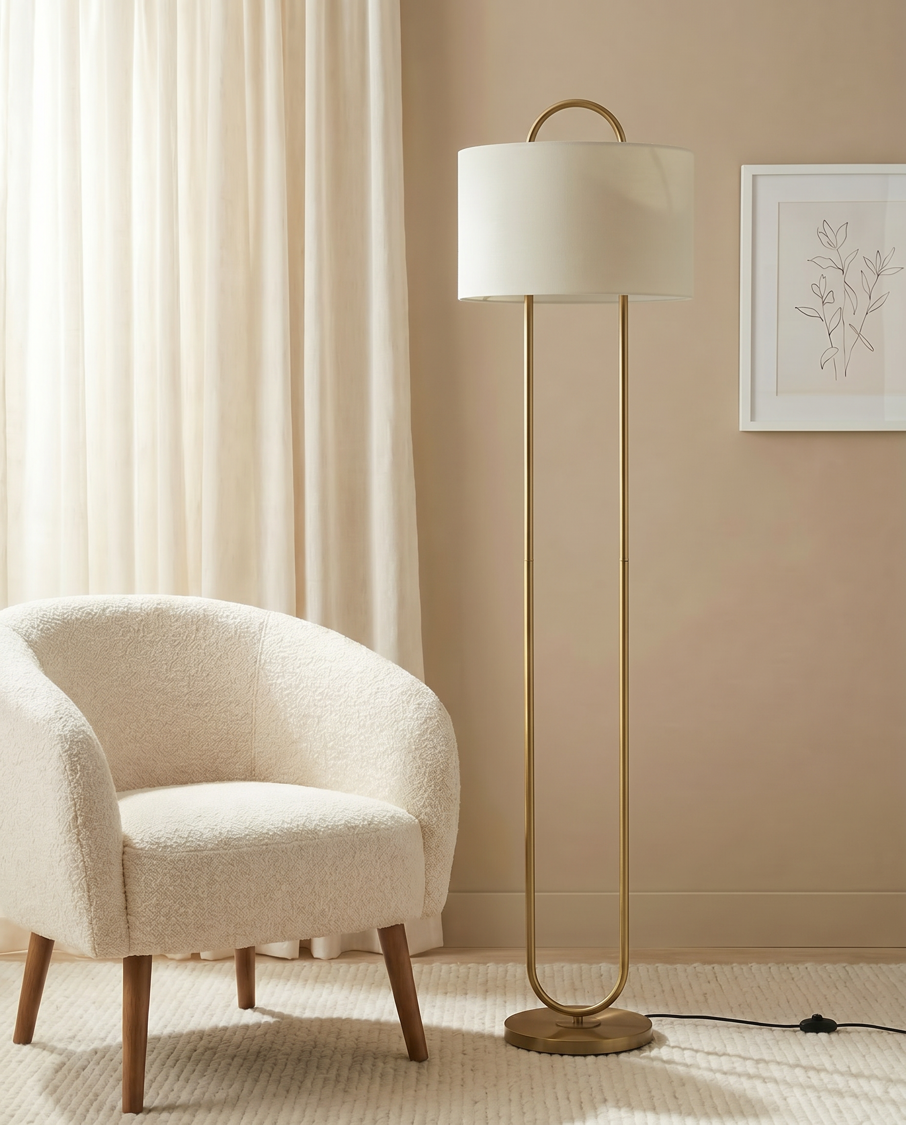 Gold floor lamp with off-white fabric shade