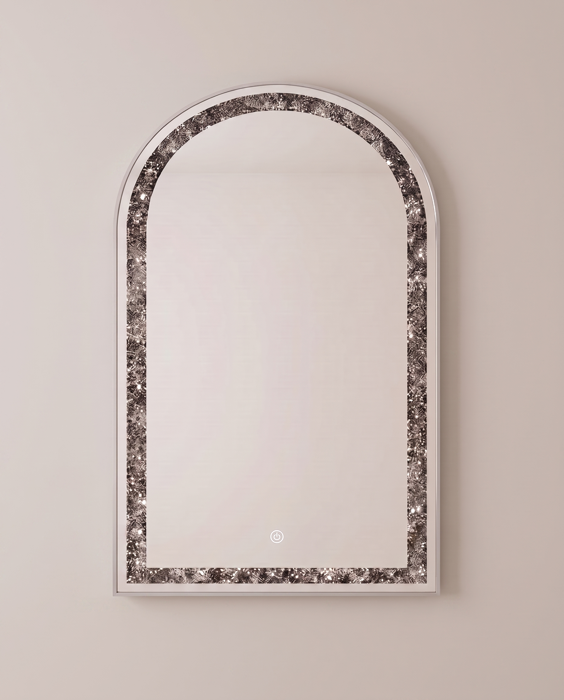 Celine silver arch LED mirror, close-up of the crystal inlay
