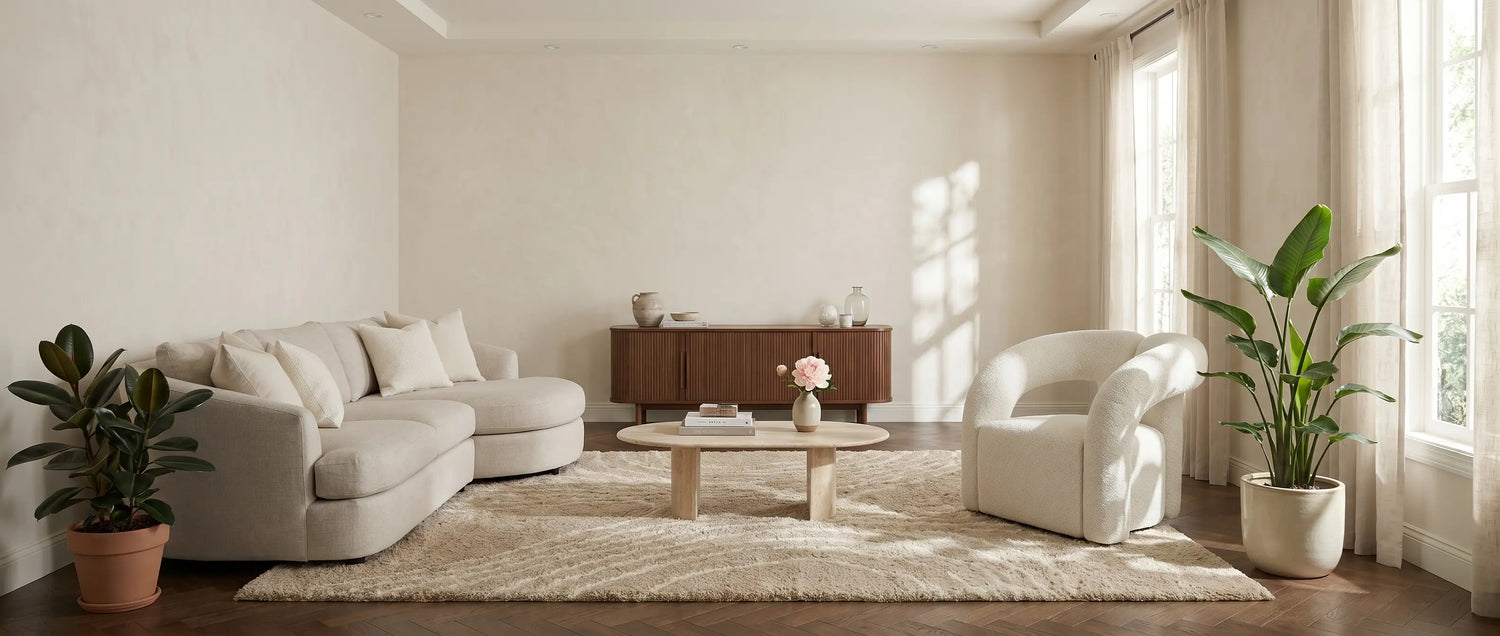 Modern living room with white furniture, plants, and a rug.