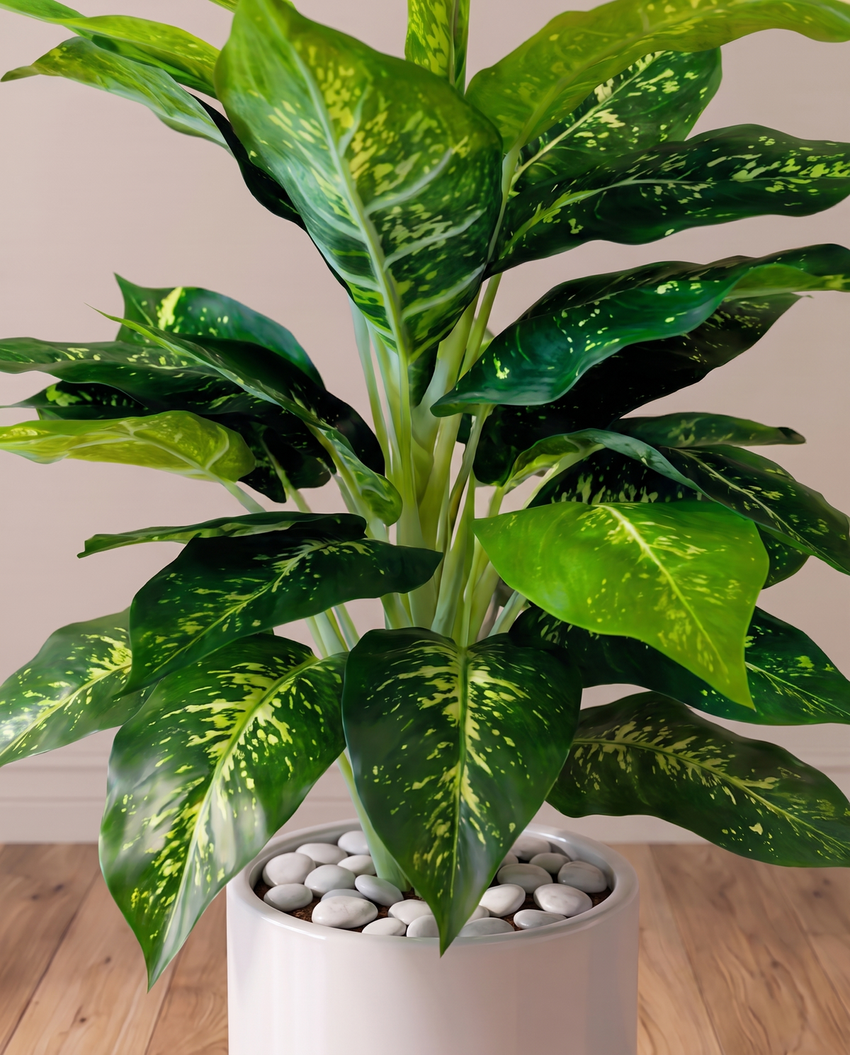 Lush Artificial Dieffenbachia Plant – closer view of the foliage and base