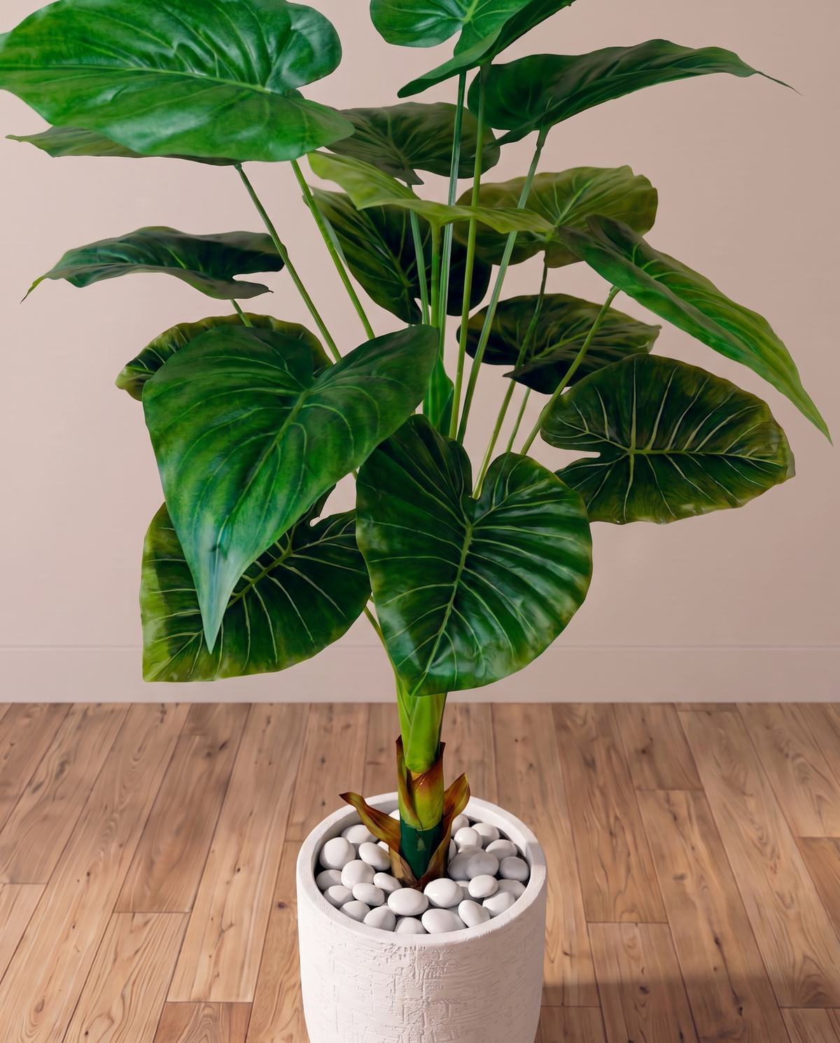 Large Green Leaf Artificial Alocasia Plant – closer view of the plant and base