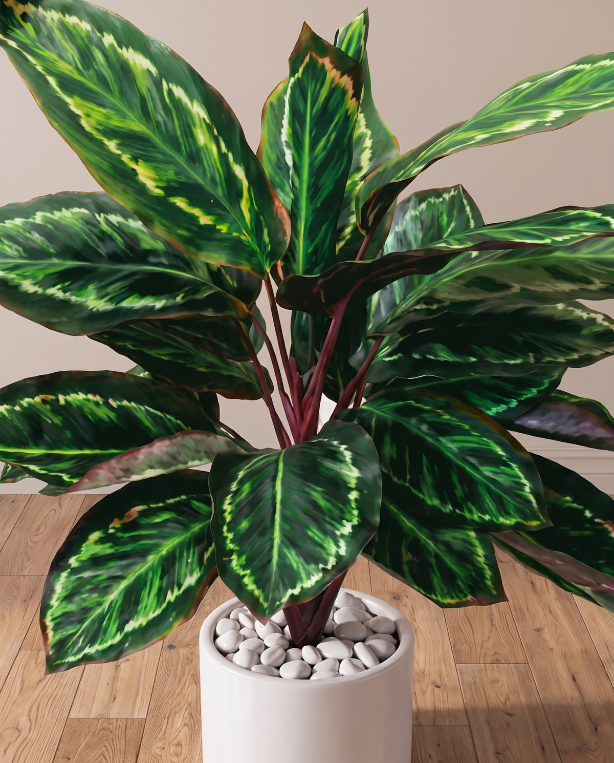 Medallion Rose Painted Calathea Artificial Plant – closer view of the plant and base