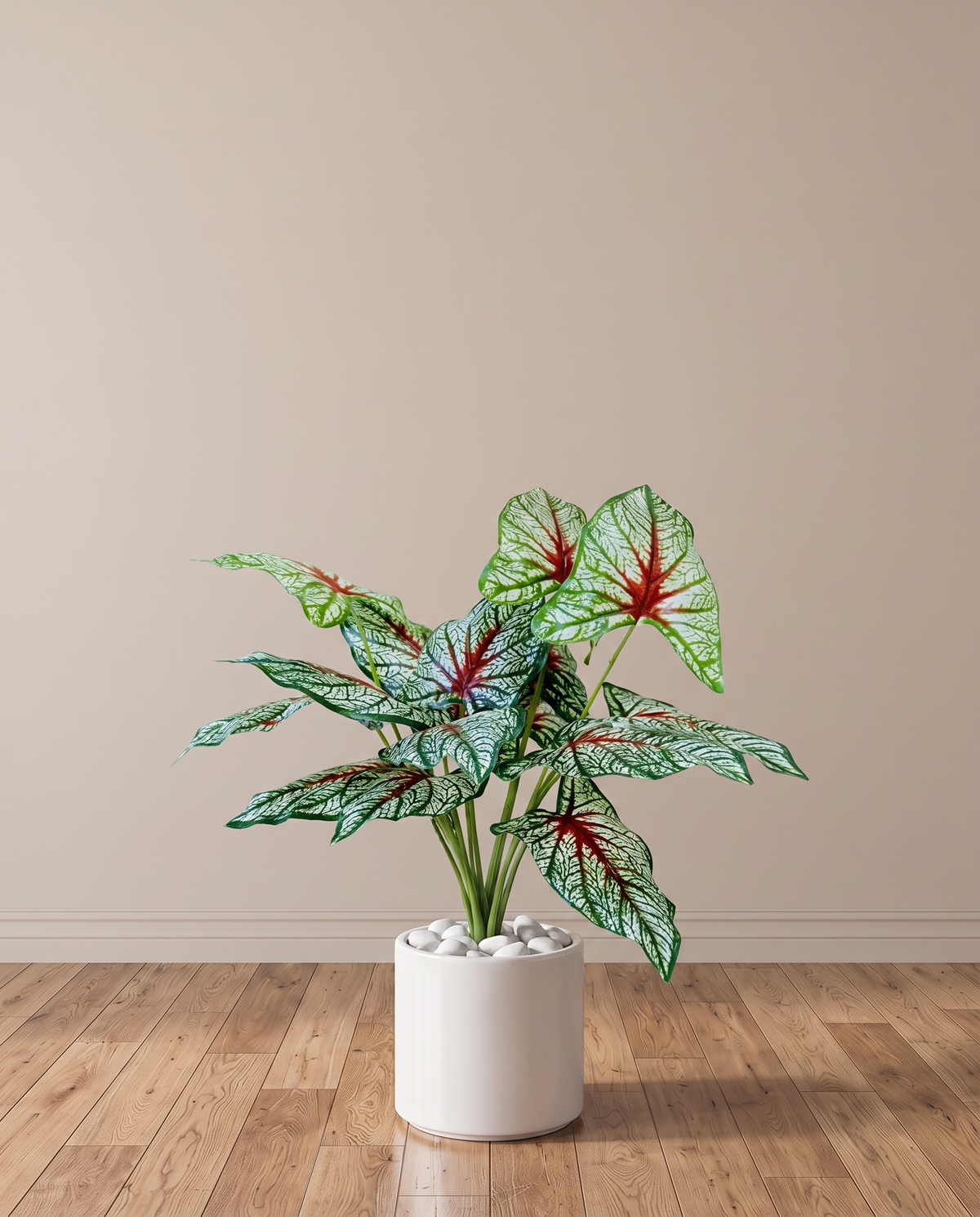 Red & Green Leaf Caladium Artificial Plant – full view in a neutral interior