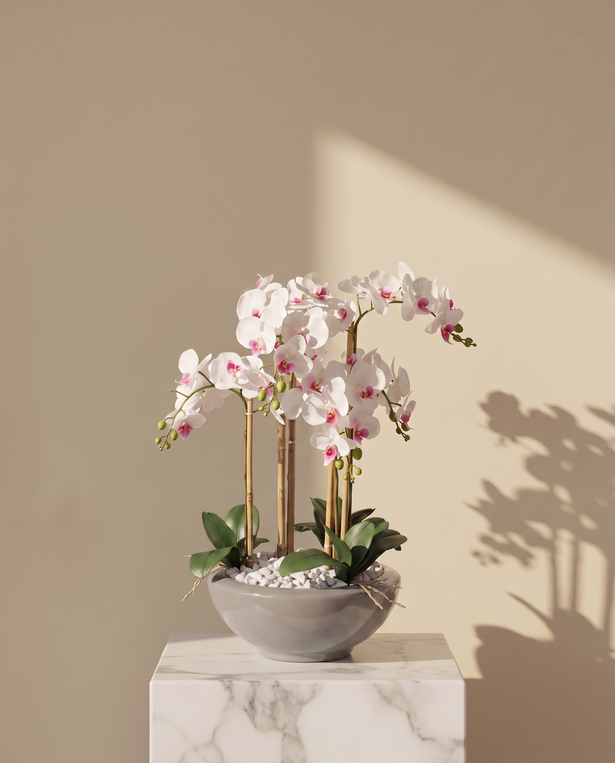 Artificial Phalaenopsis Orchid Plant – full view on a marble plinth