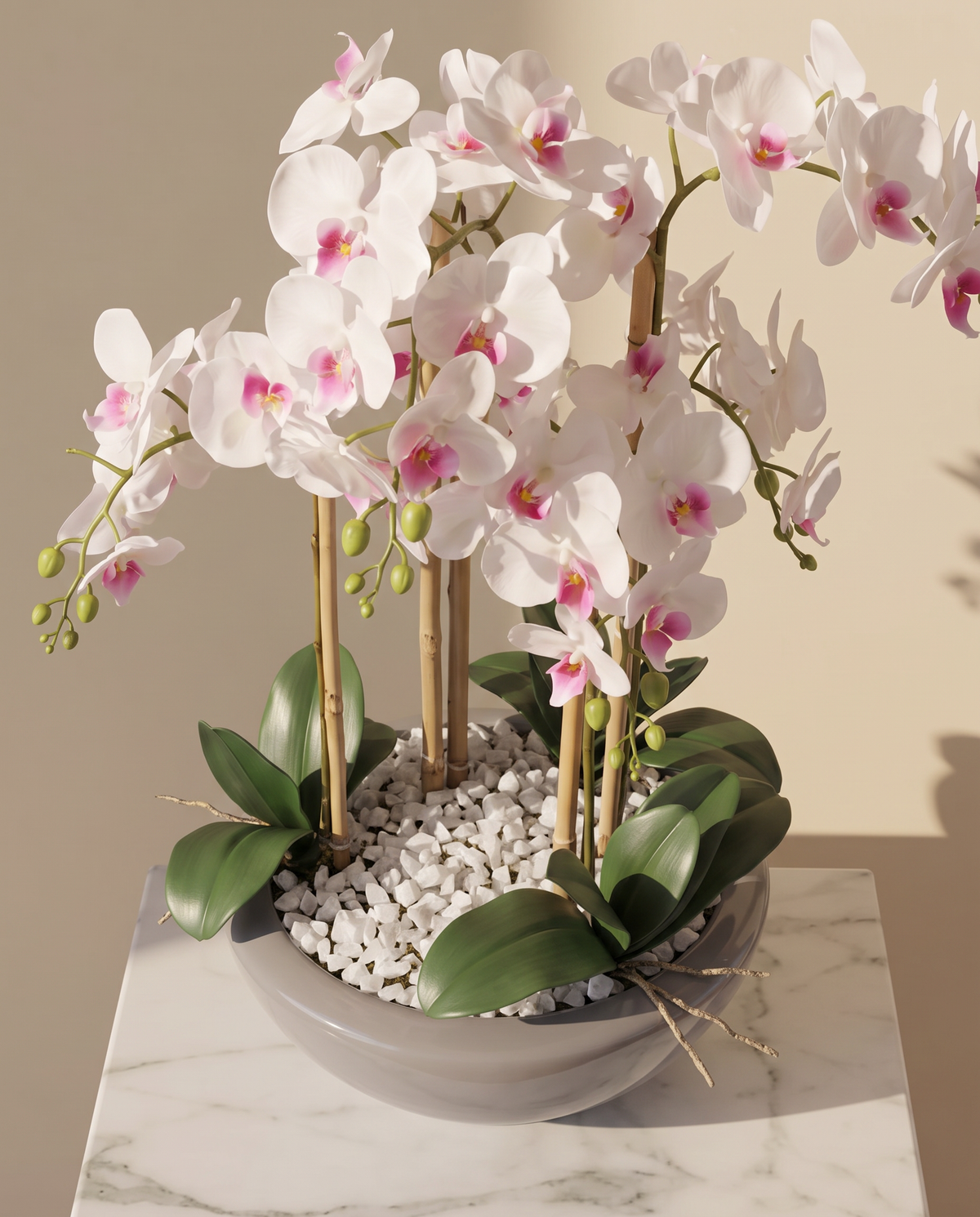 Artificial Phalaenopsis Orchid Plant – closer view of the white and pink blooms