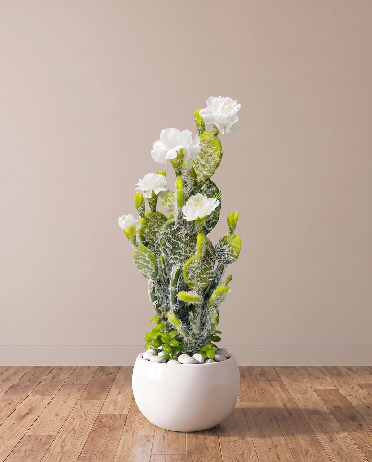 Flowering Artificial Cactus Plant – full view in a neutral interior