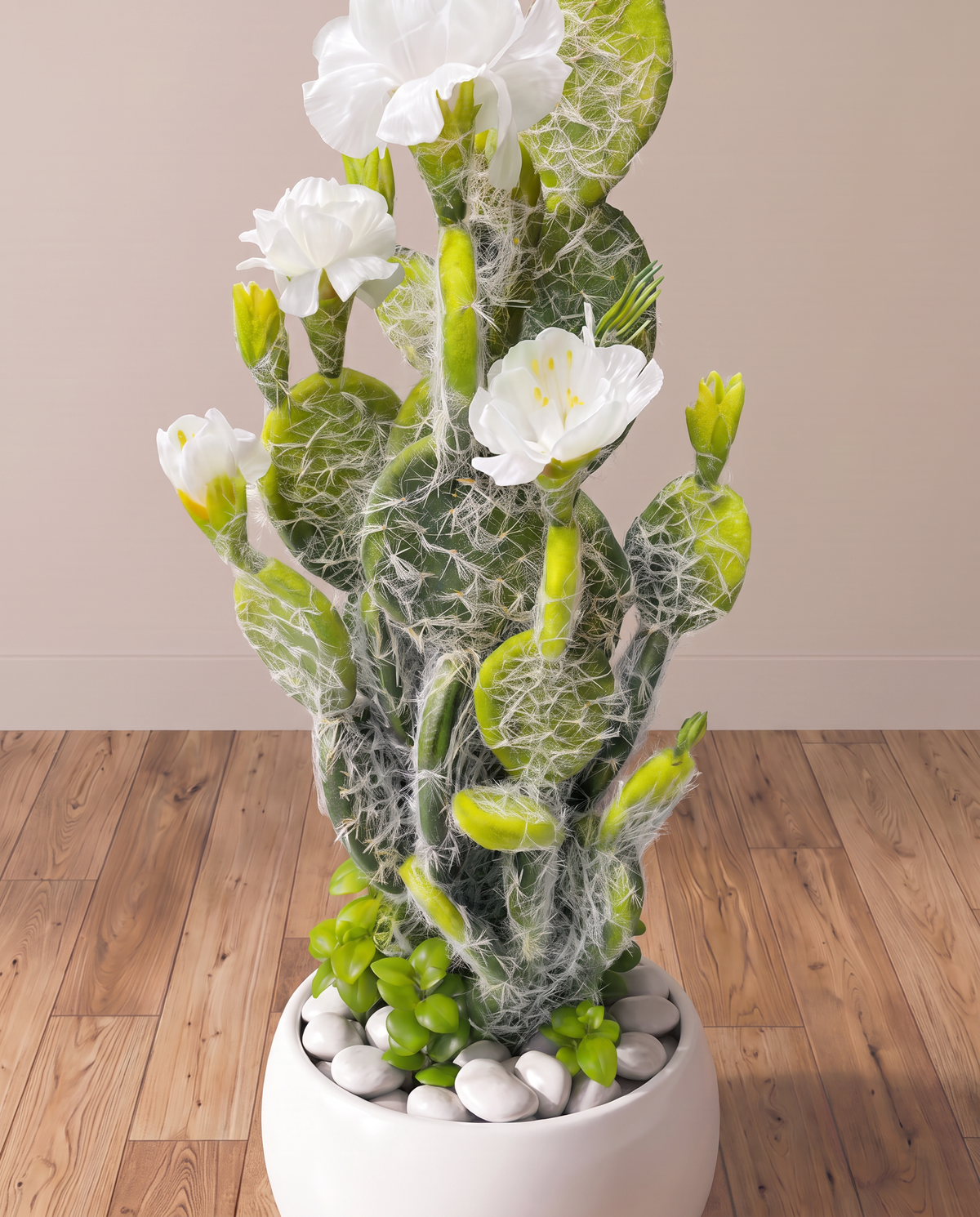 Flowering Artificial Cactus Plant – closer view of the cactus and white blooms