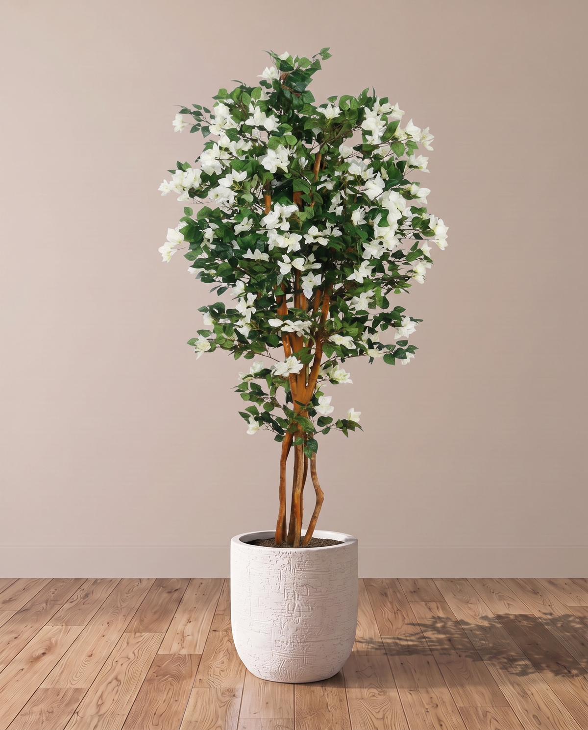 White Flower Bougainvillea Artificial Tree – full view in a neutral interior