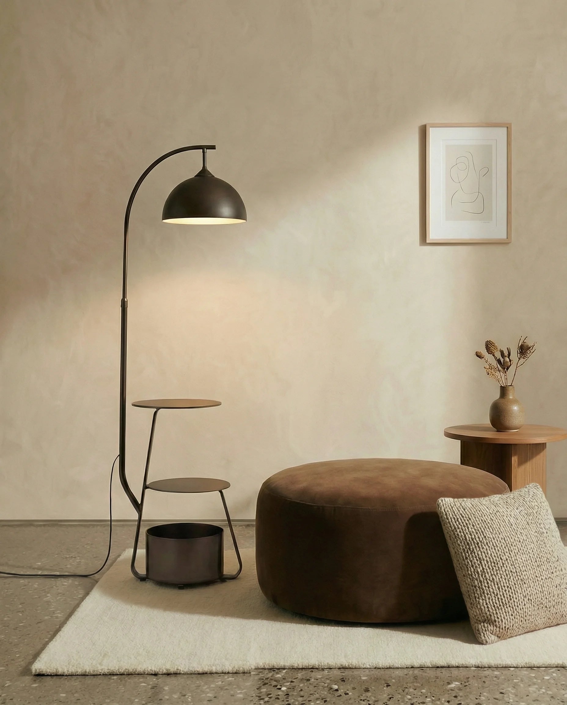 Lovcen Black Arched Floor Lamp with Tables & Shelve