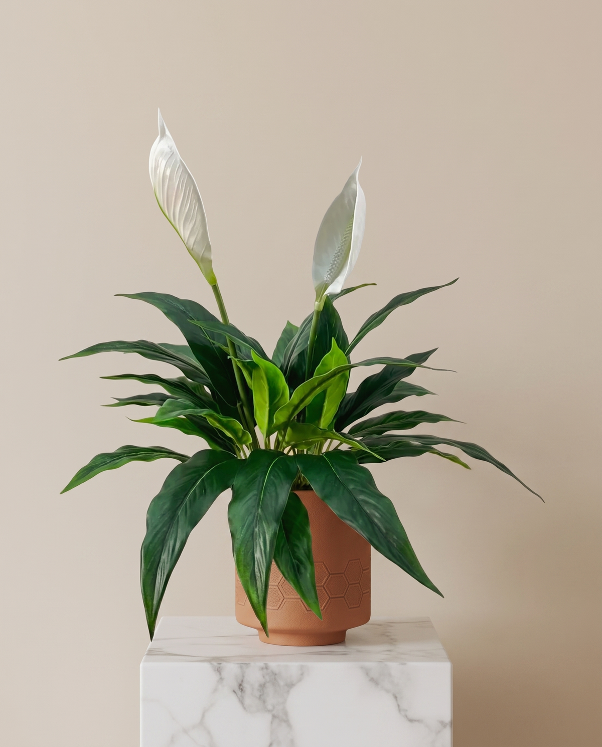 Spathiphyllum Peace Lily Artificial Plant – full view on a marble plinth