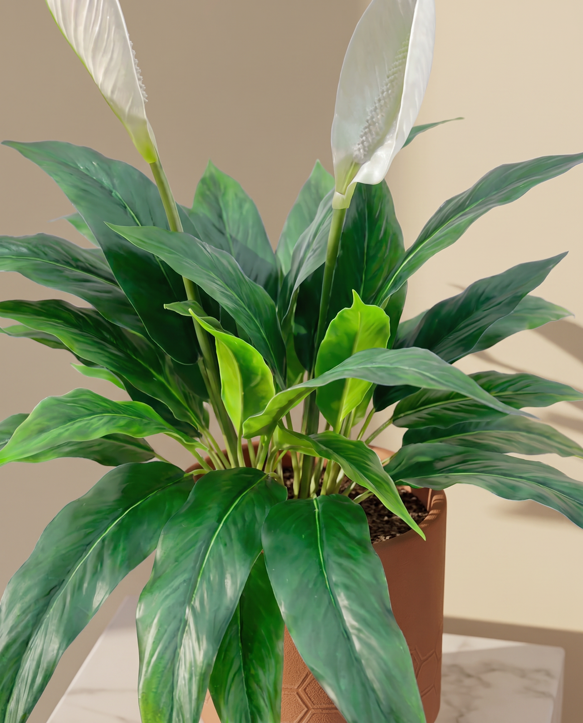 Spathiphyllum Peace Lily Artificial Plant – close-up of the white blooms and leaves