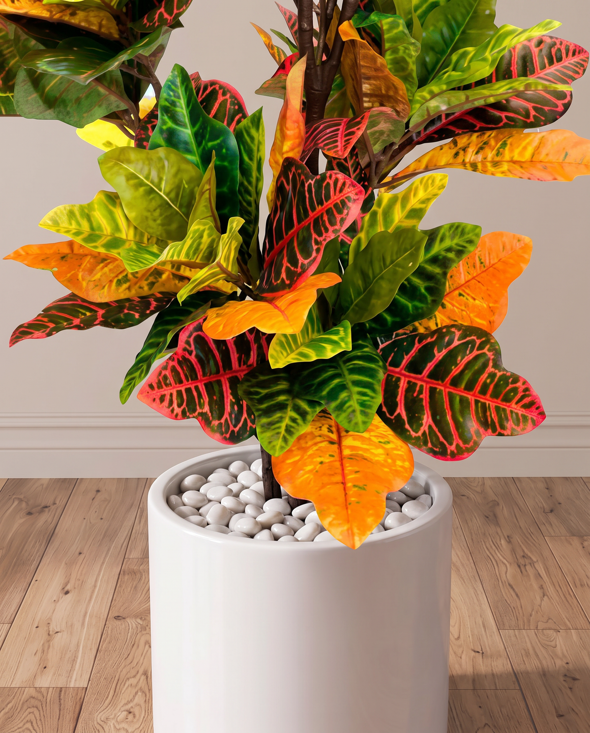 Faux Croton Artificial Plant – closer view of the plant and base