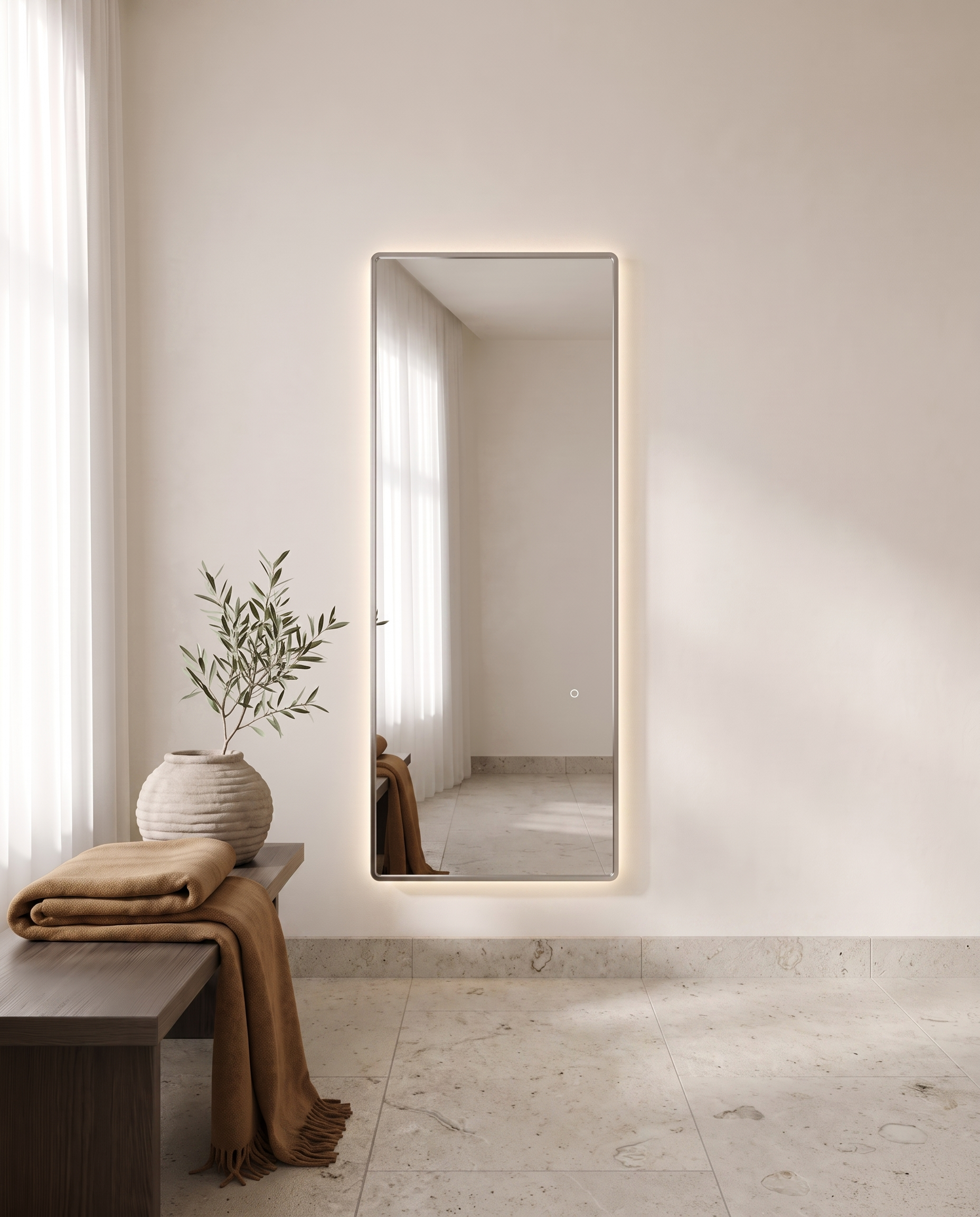 Lumen silver backlit rectangular mirror, close-up of the backlit edge