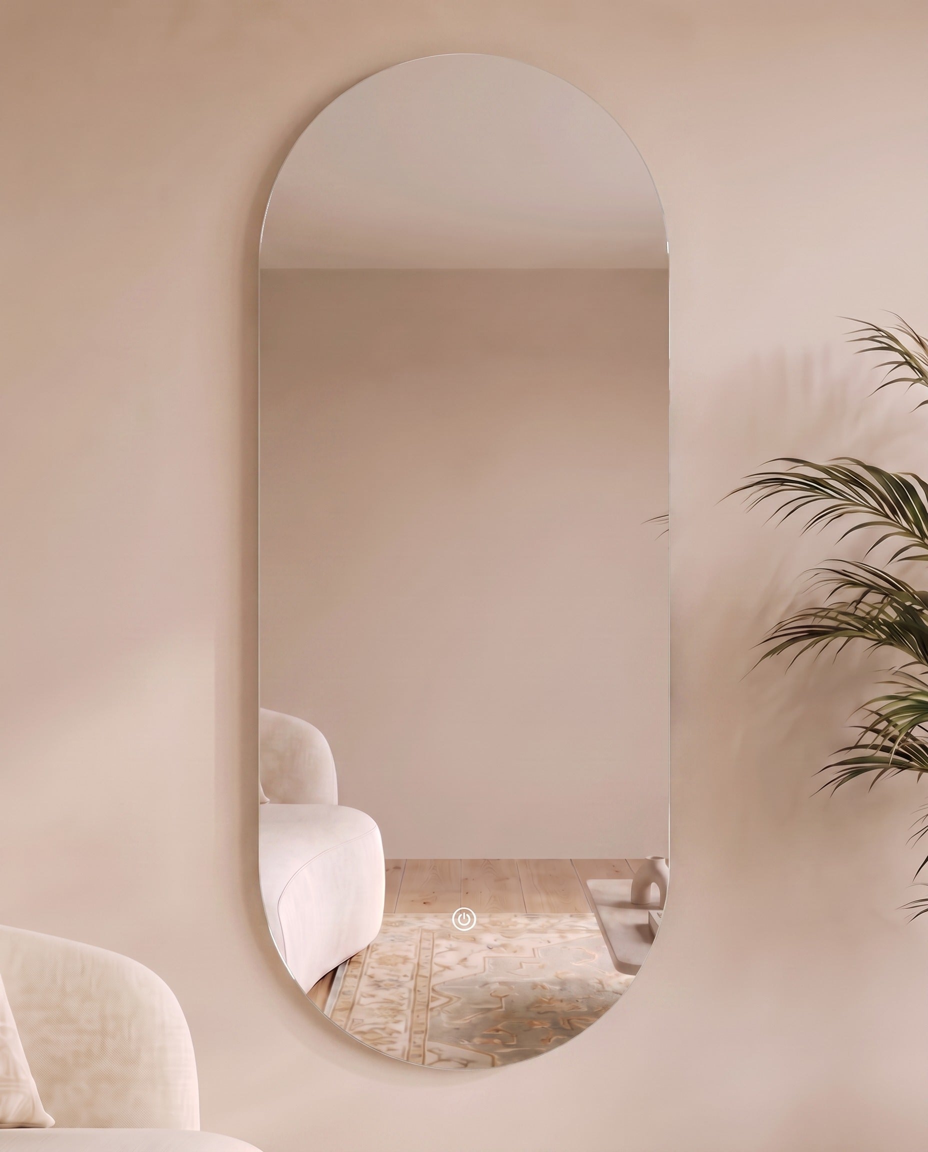 Berlin frameless pill-shaped oval mirror with LED light switched off