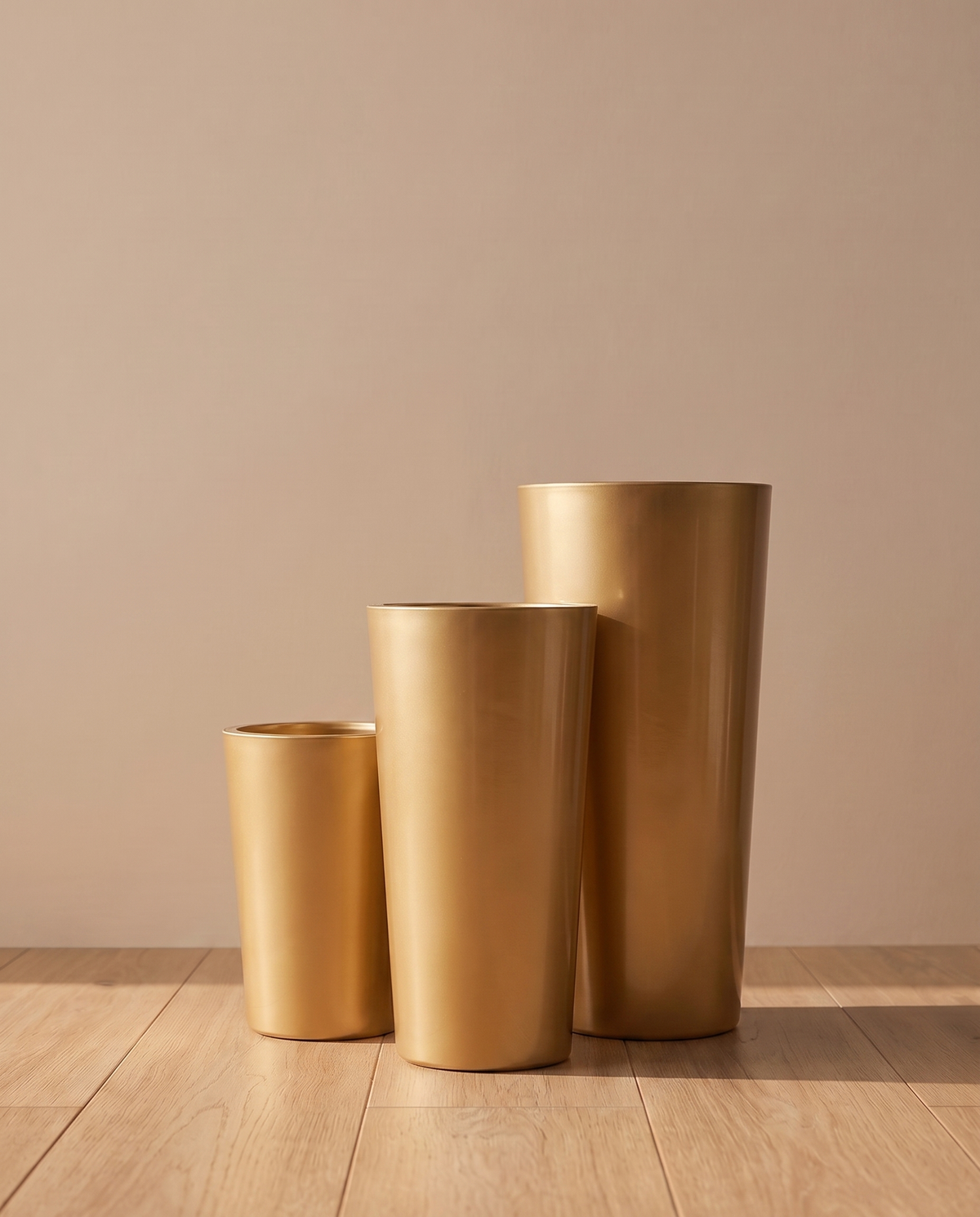 Gold Fiber Glass Planter – three tall tapered sizes together