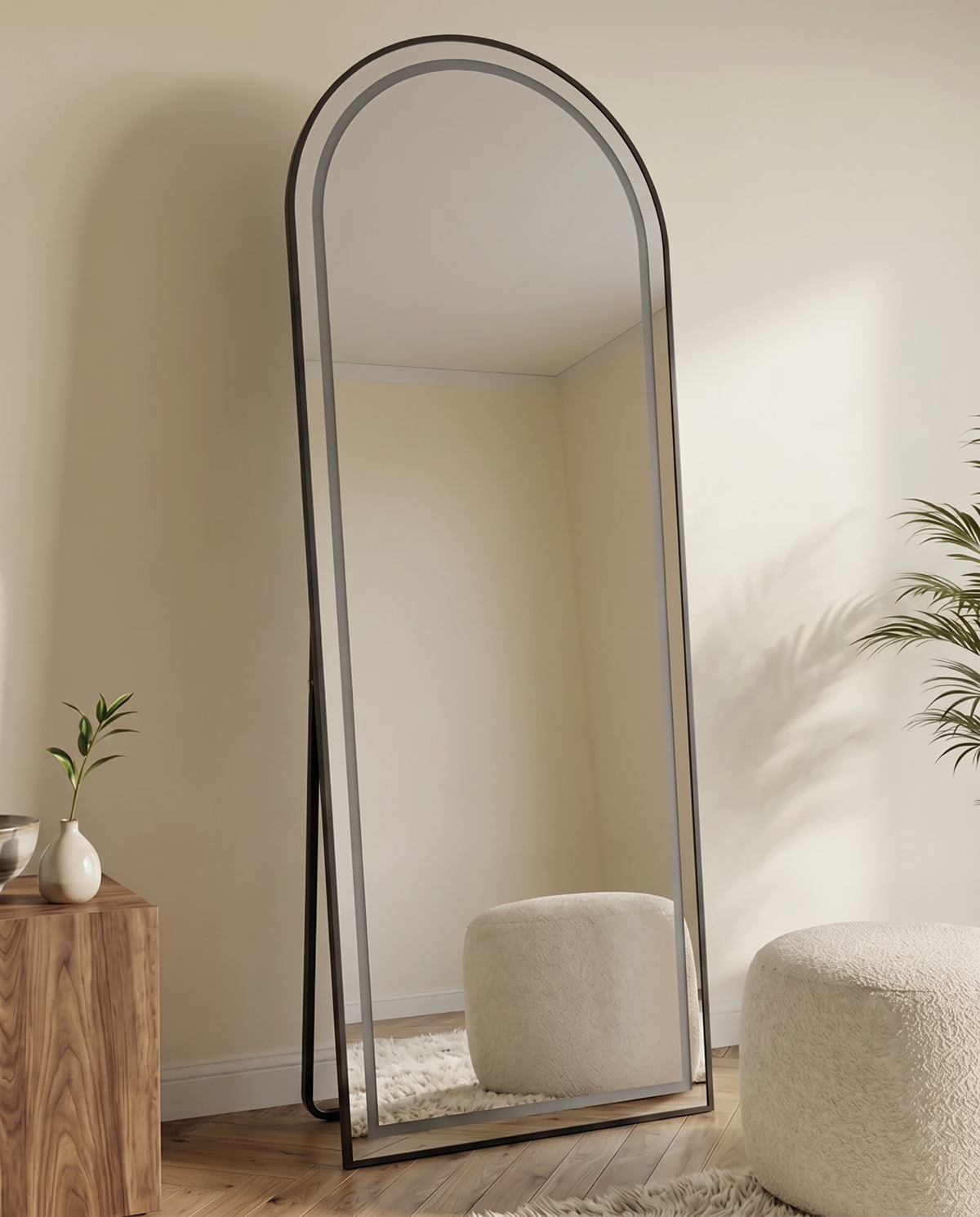 Front LED Slim Arch Black Framed Standing Mirror