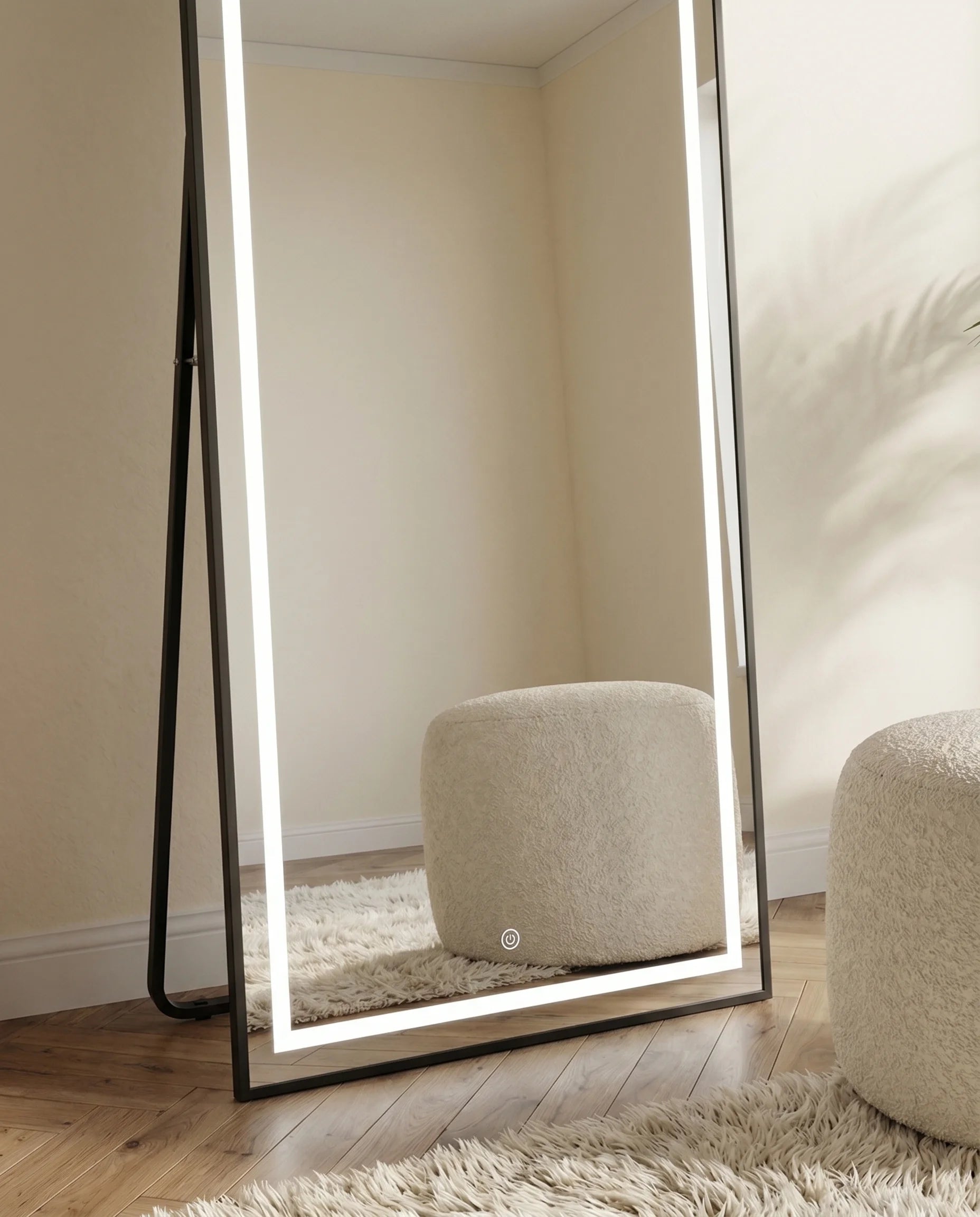 Adriana black LED arch standing mirror in a Dubai bedroom