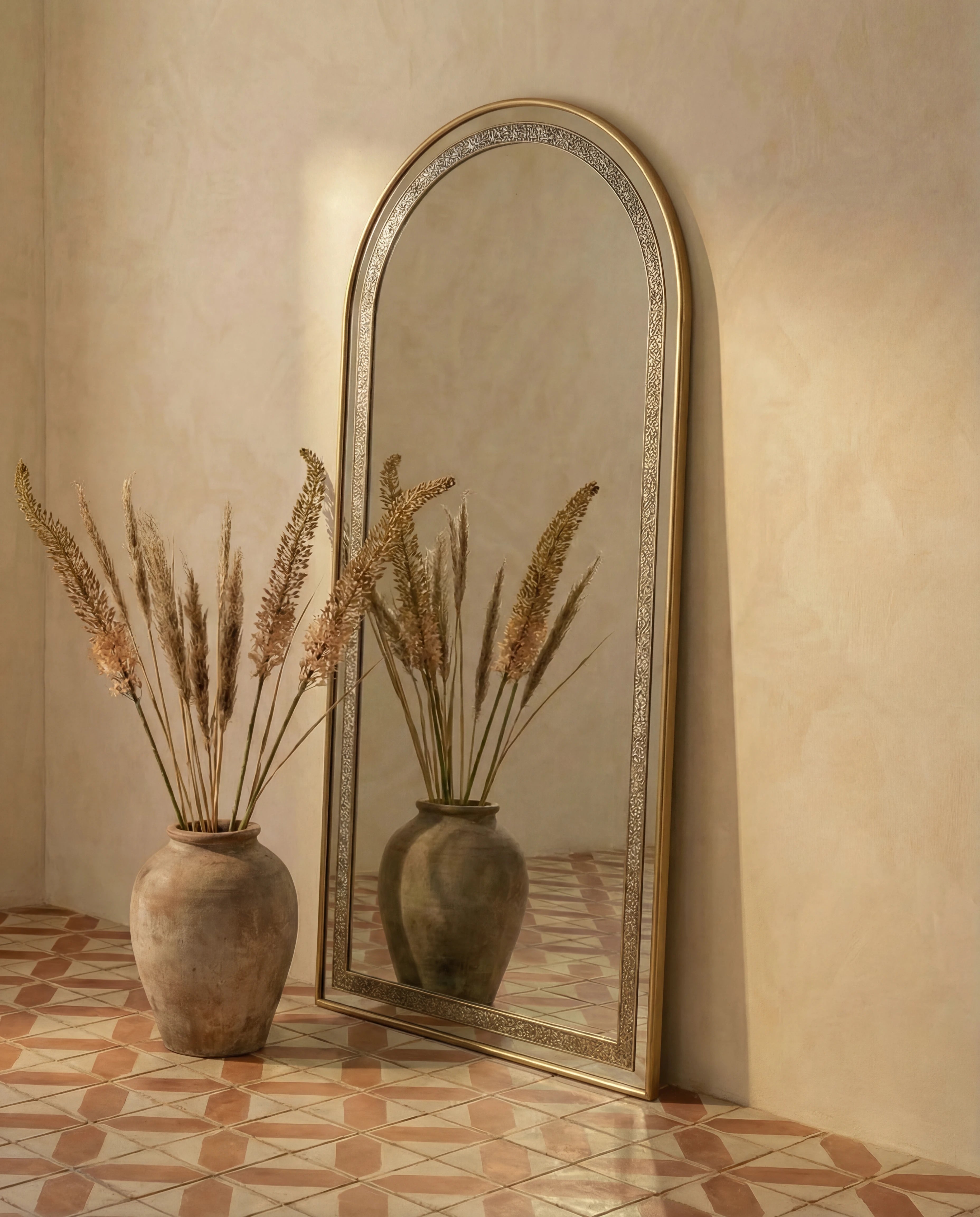 Almas Golden Frame Crystal Arched Floor Mirror (LED)