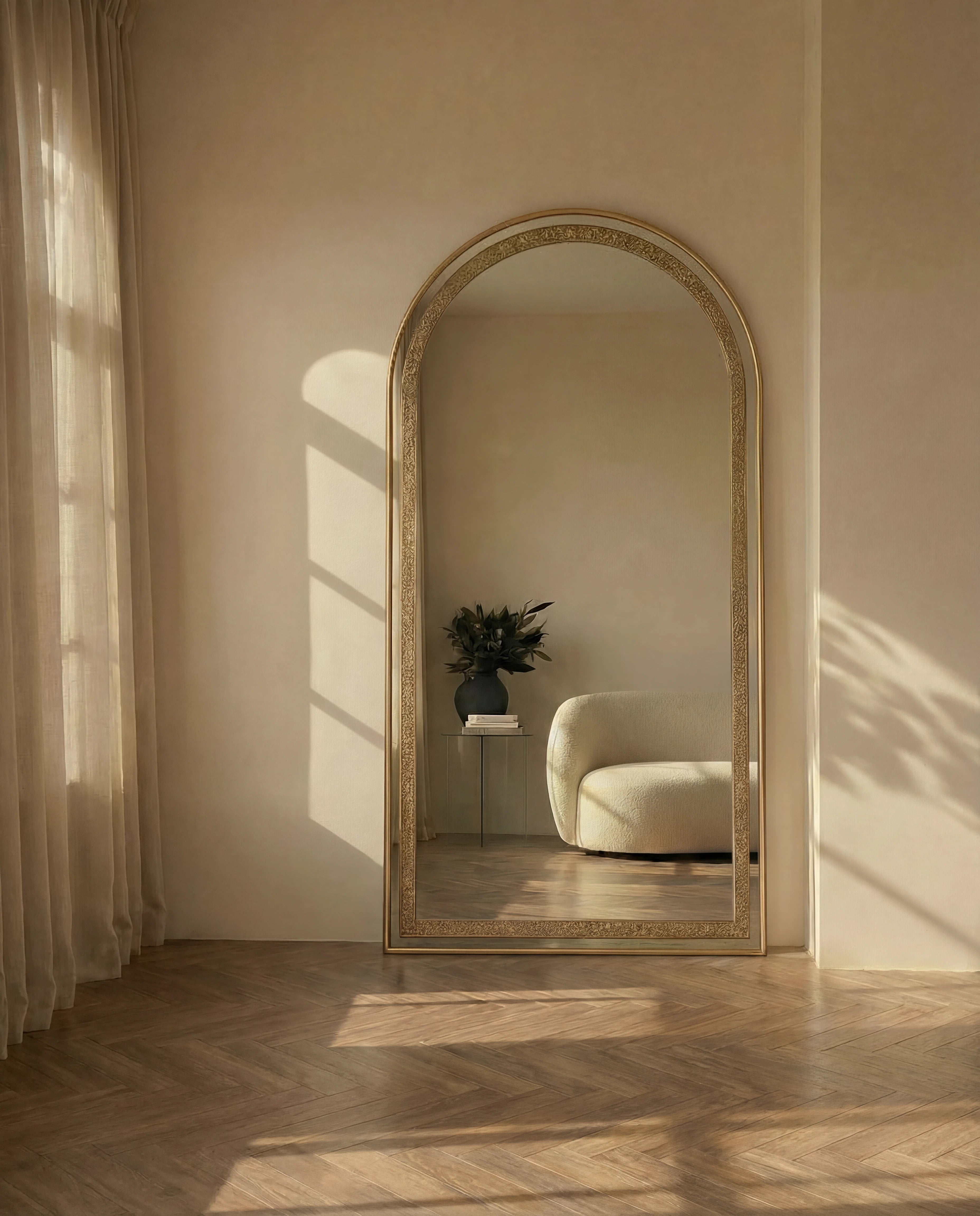 Almas Golden Frame Crystal Arched Floor Mirror (LED)