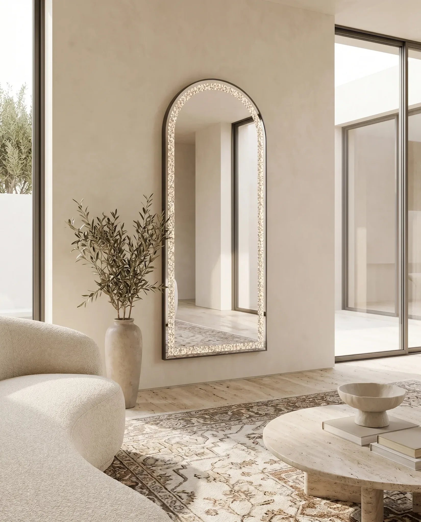 Almas black crystal LED arched floor mirror in a Dubai bedroom