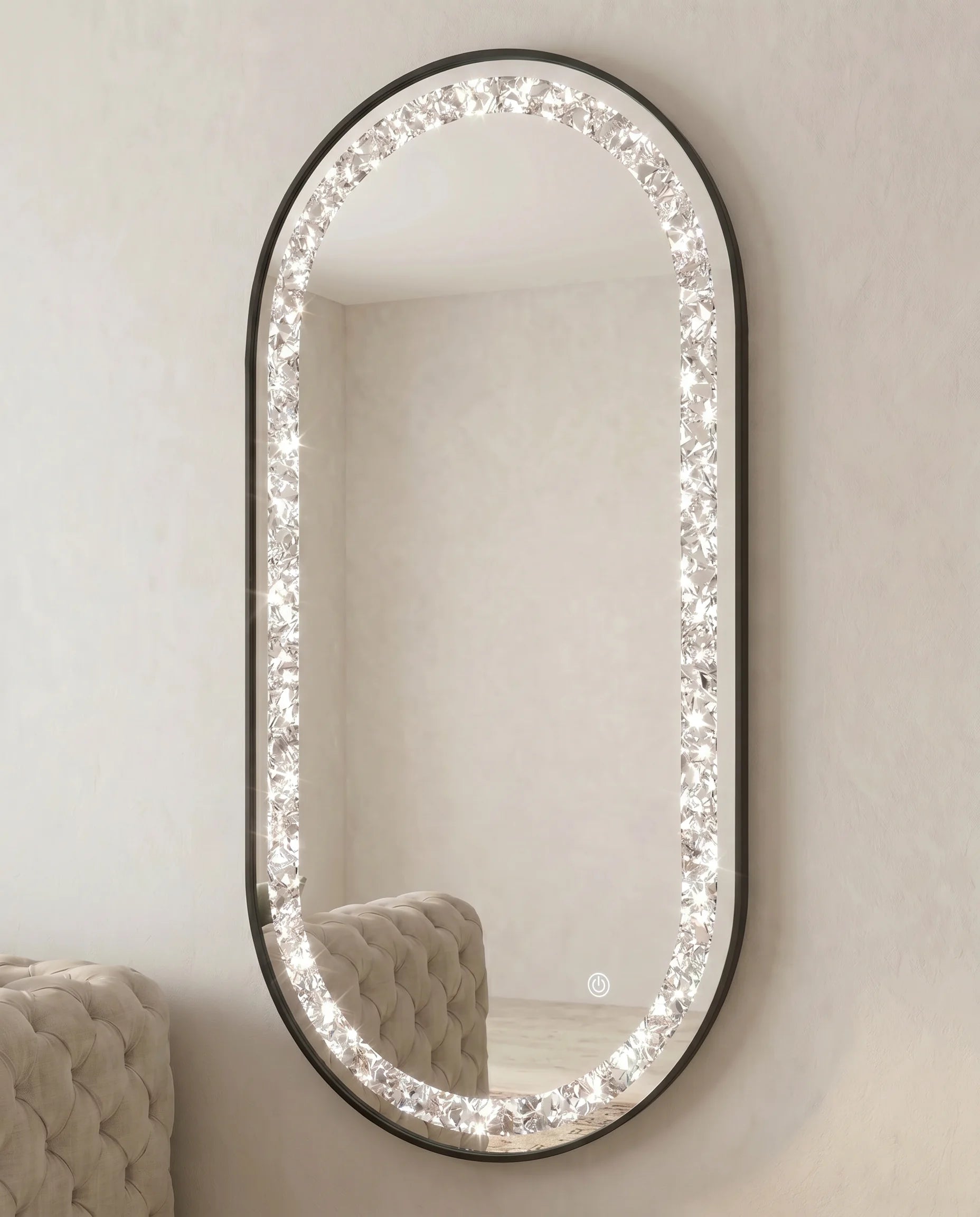 Almas black frame LED crystal oval wall mirror