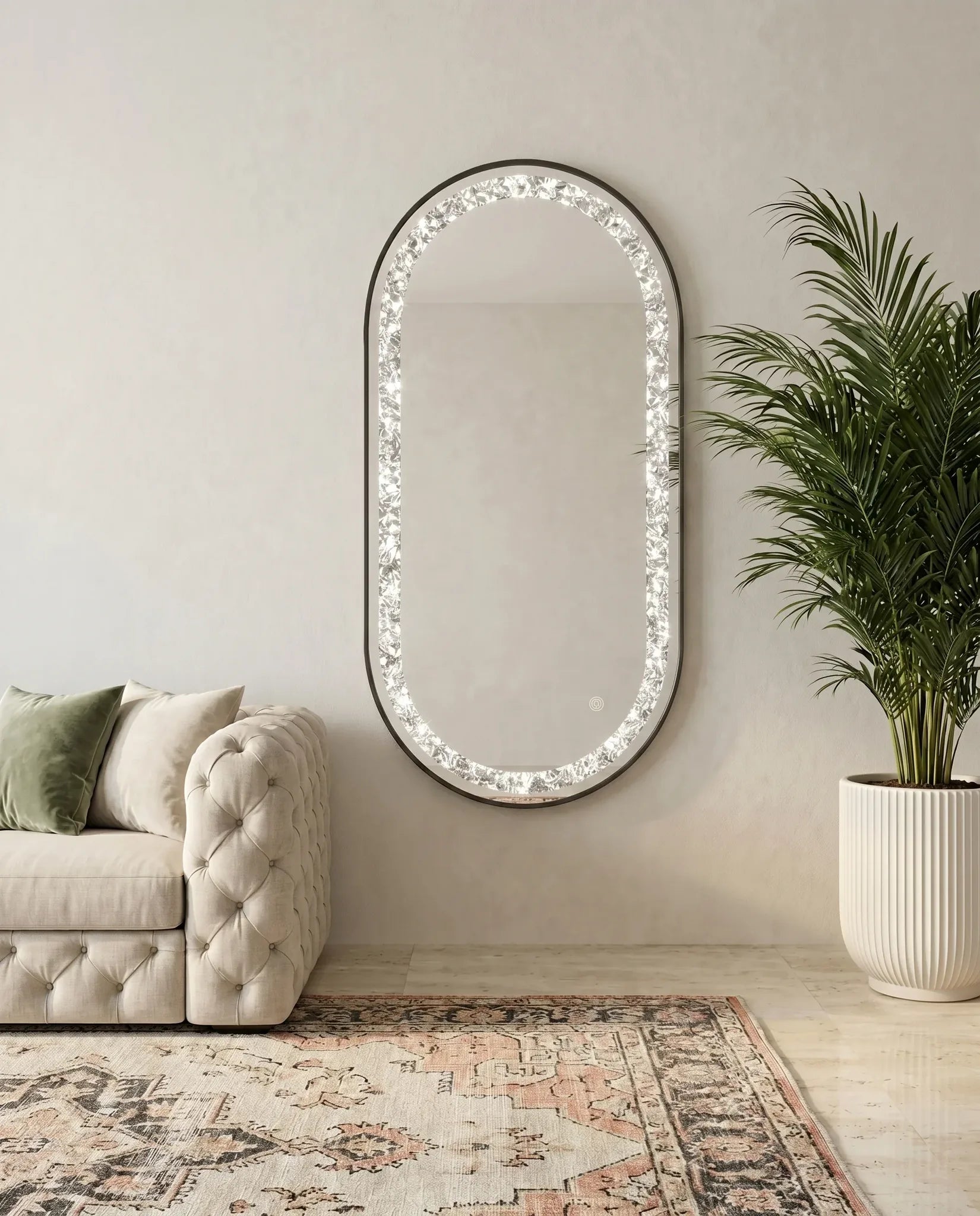 Almas black crystal LED oval wall mirror in a Dubai bathroom