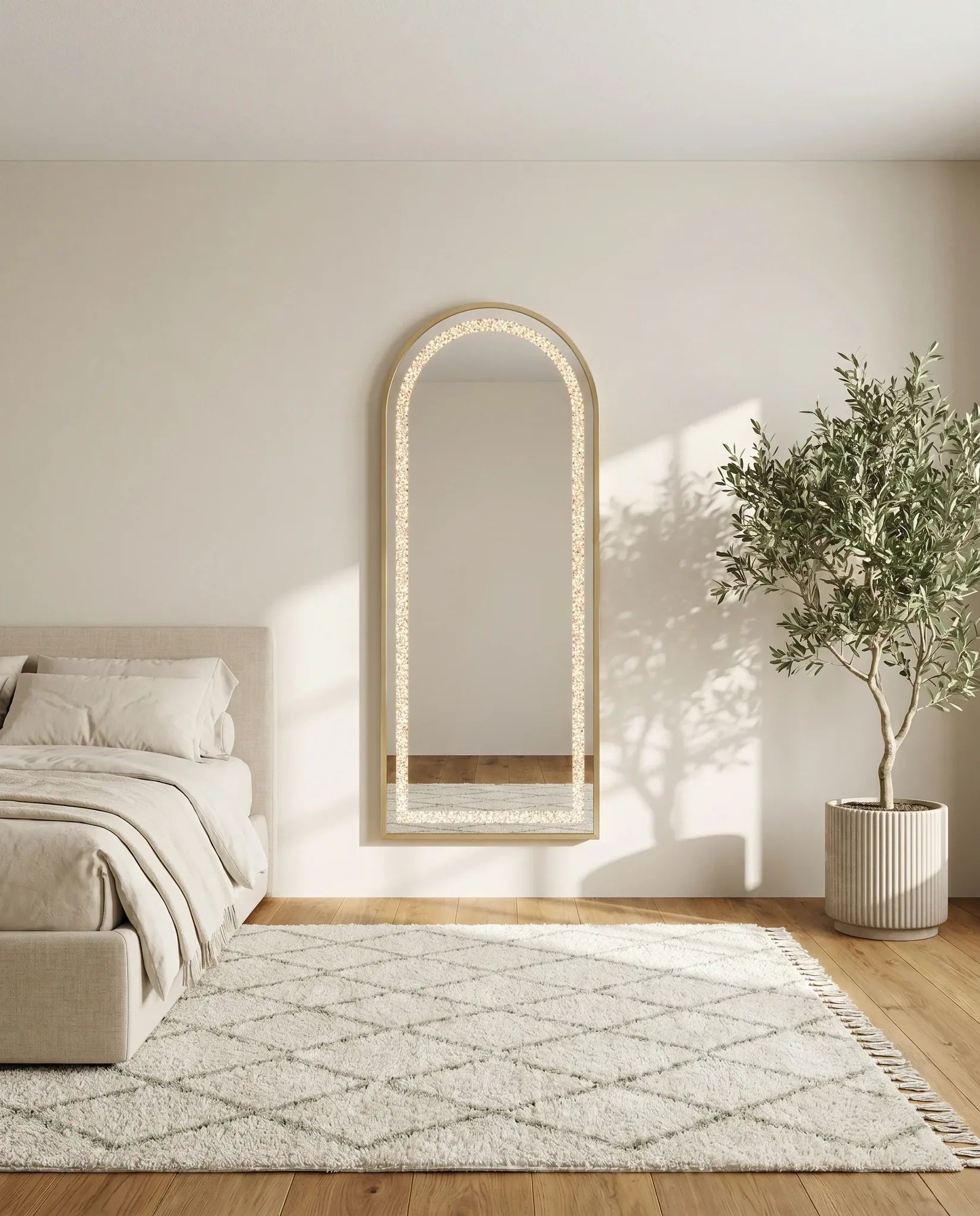 Almas gold crystal LED arched floor mirror in a Dubai bedroom