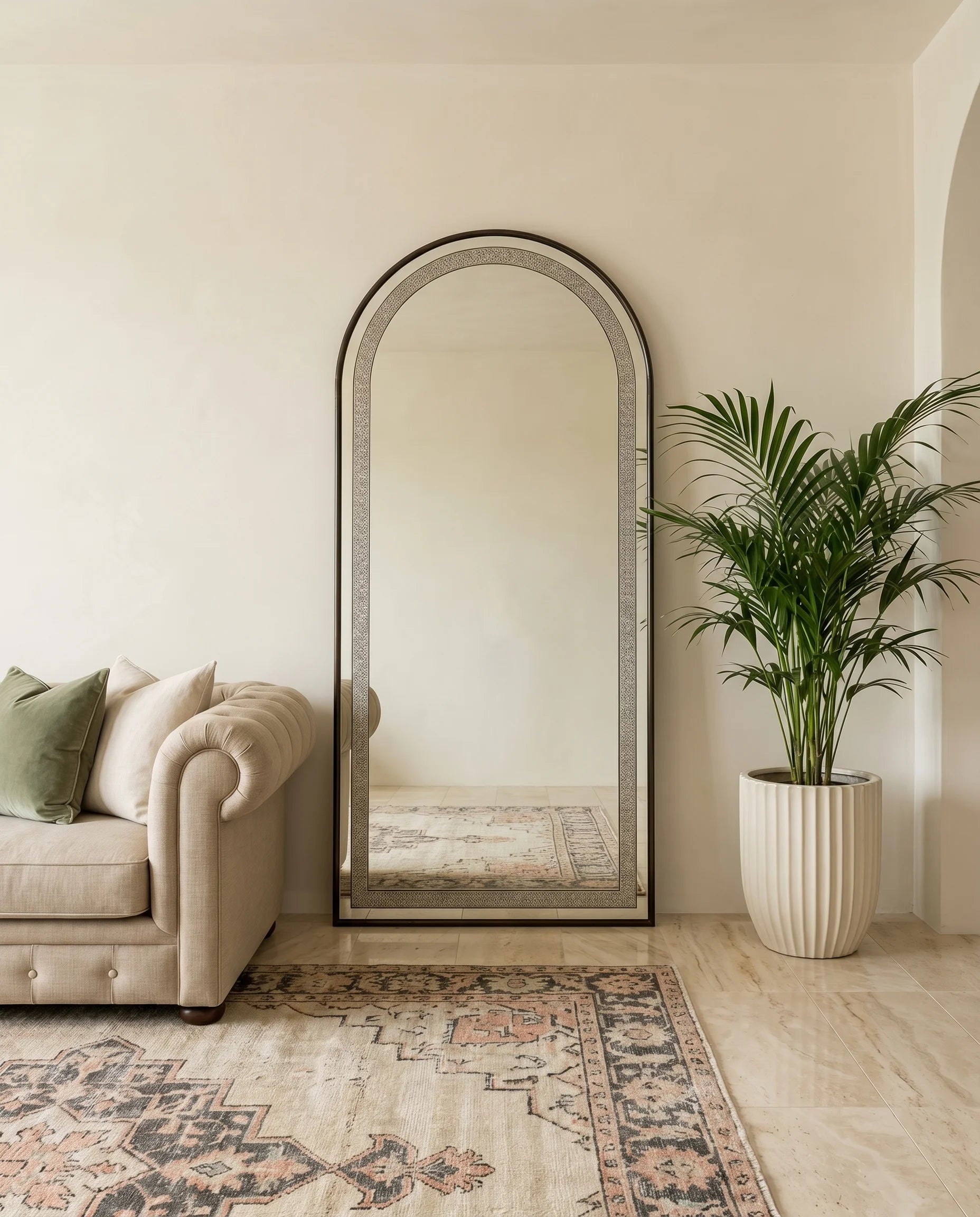 Almas black crystal LED arched floor mirror in a Dubai bedroom