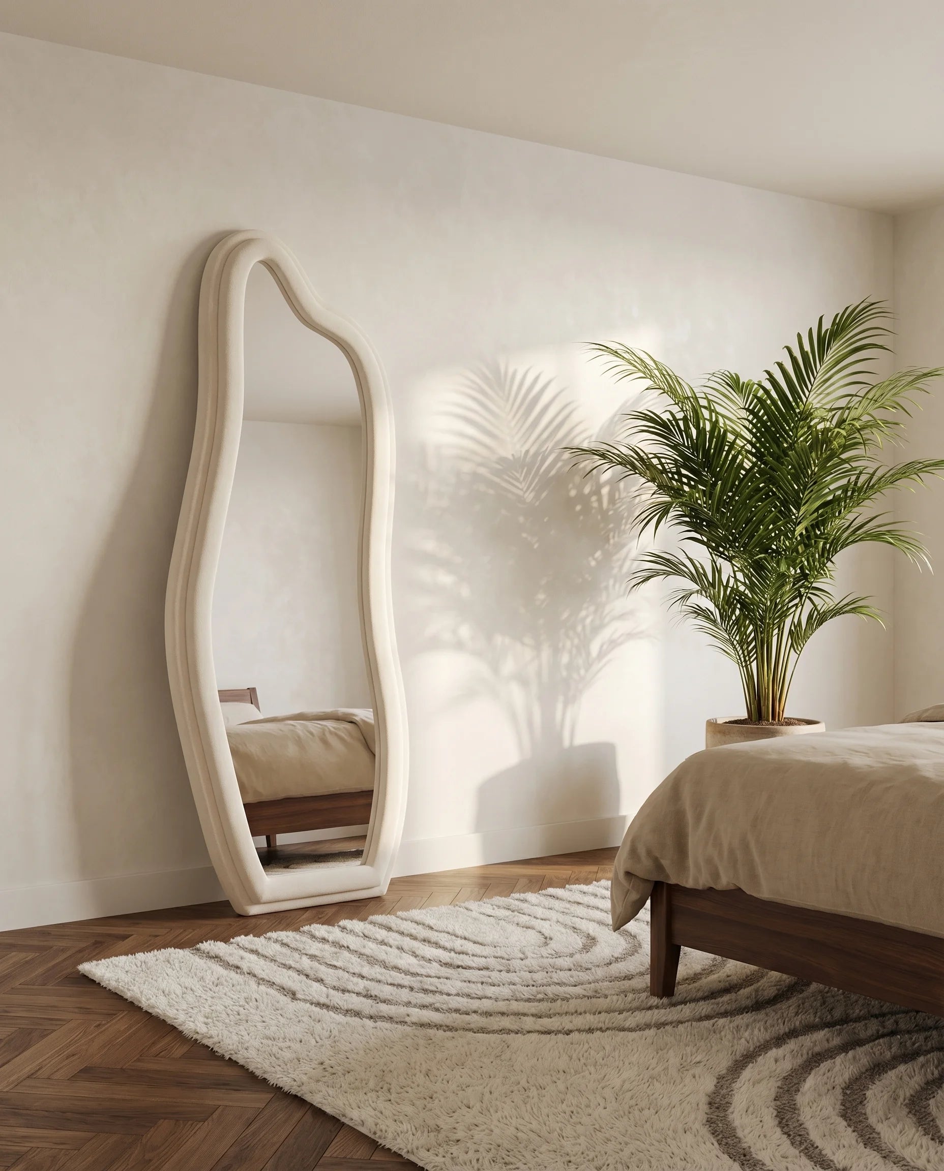 Amelia white irregular full-length mirror in a Dubai bedroom